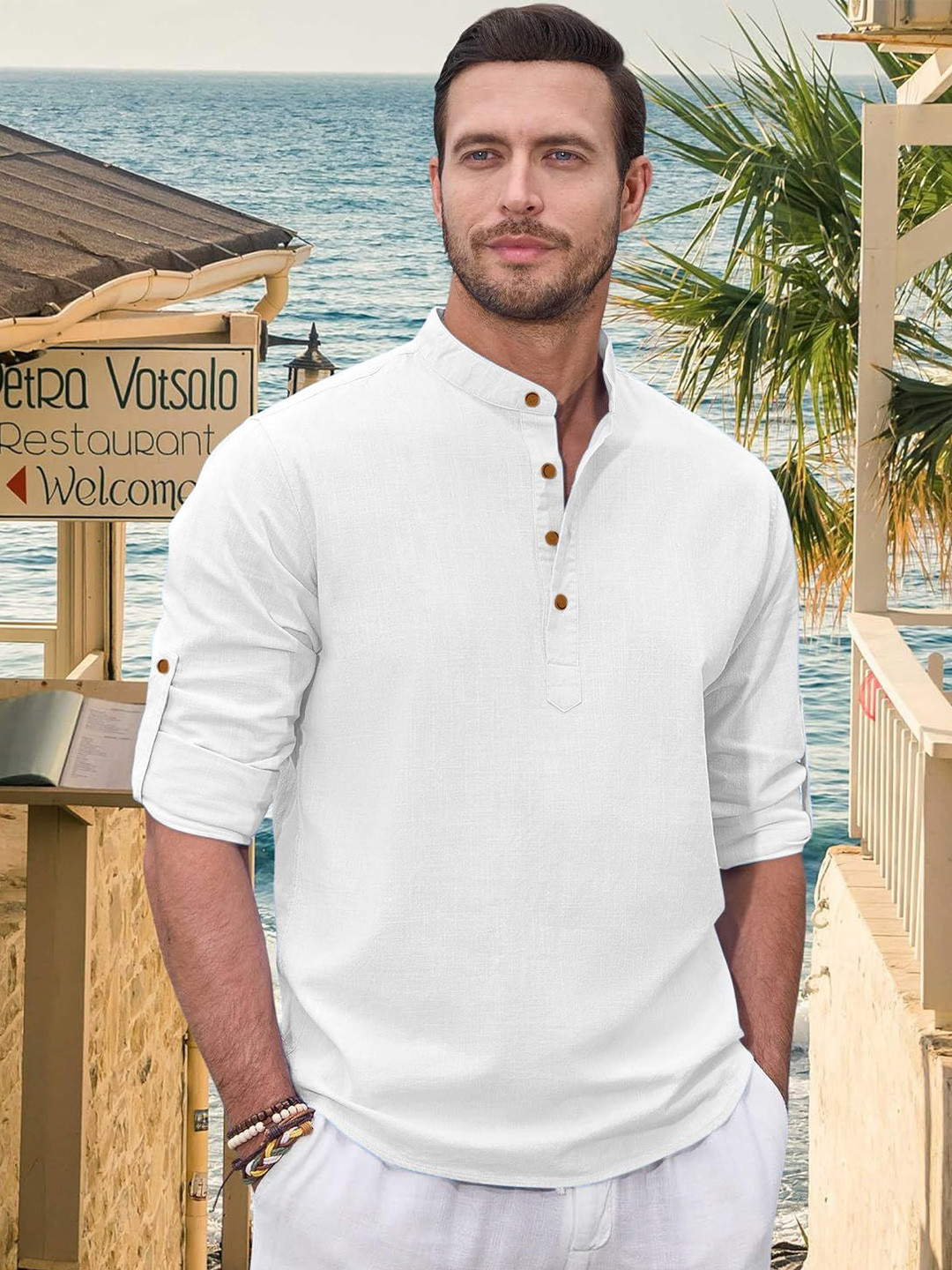 ZELINCO Mandarin Collar Roll-Up Sleeves Cotton Straight Kurta