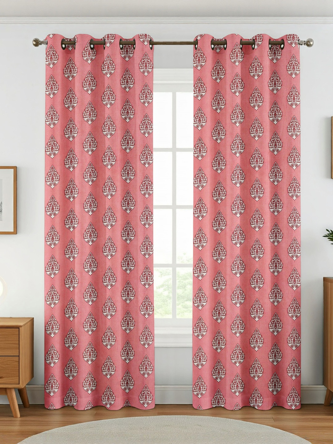 GEET CREATIONS Pink Set of 2 Ethnic Motifs Room Darkening Fade Resistant Window Curtain