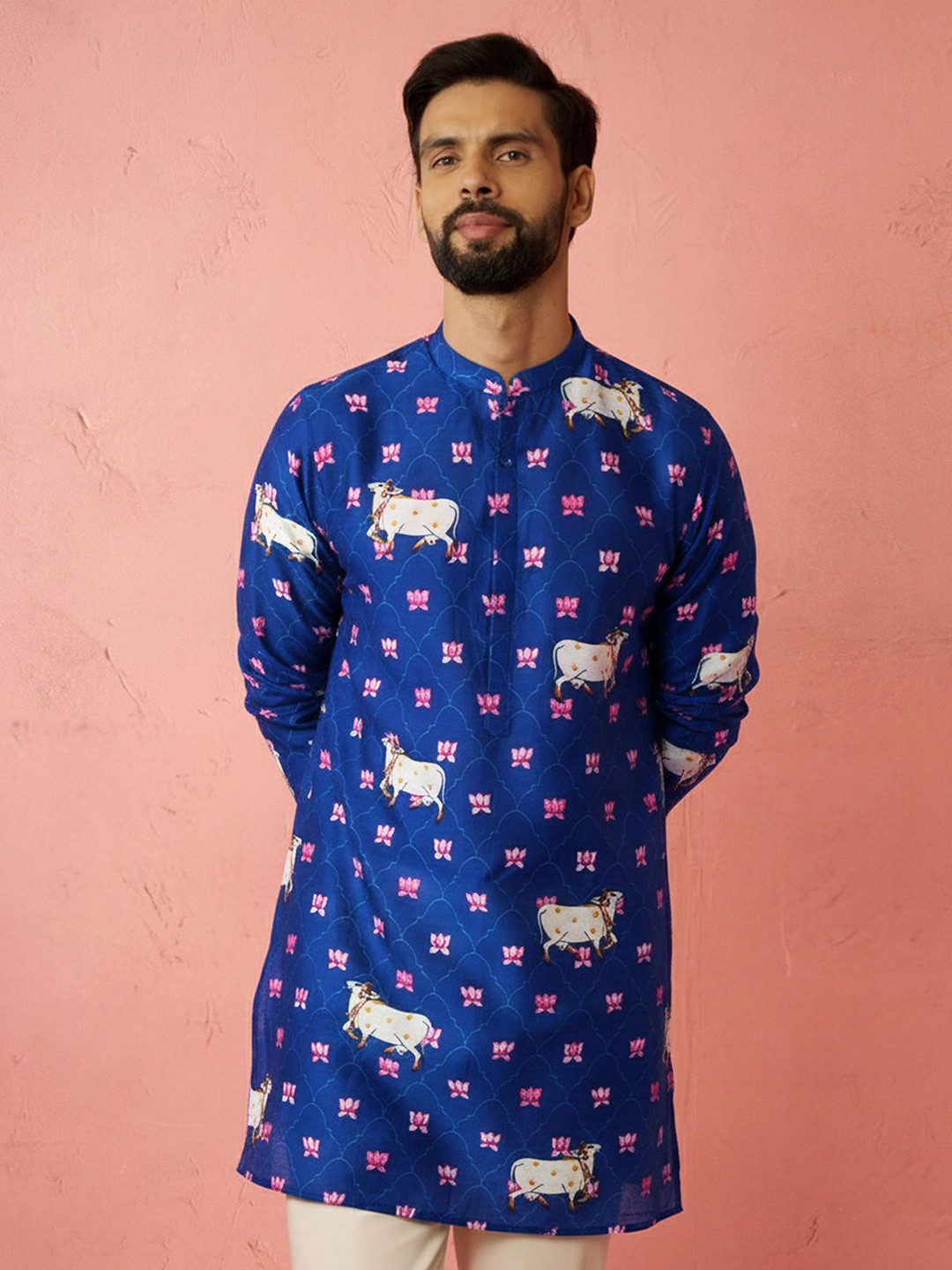 VASTRAMAY Pichwai Printed Mandarin Collar Chanderi Silk Kurta