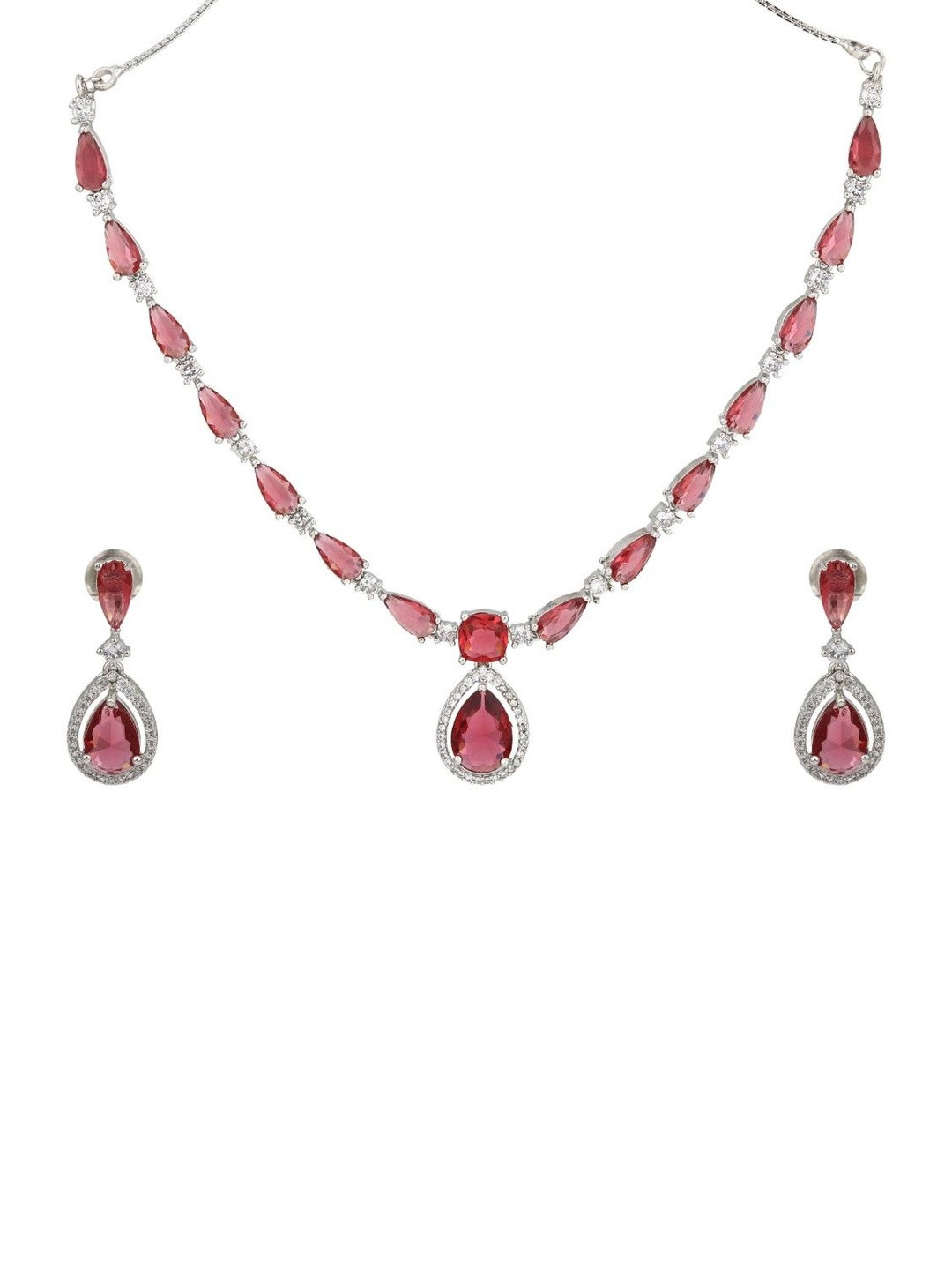 Anvik Rhodium-Plated American Diamond Stone-Studded Necklace With Earrings