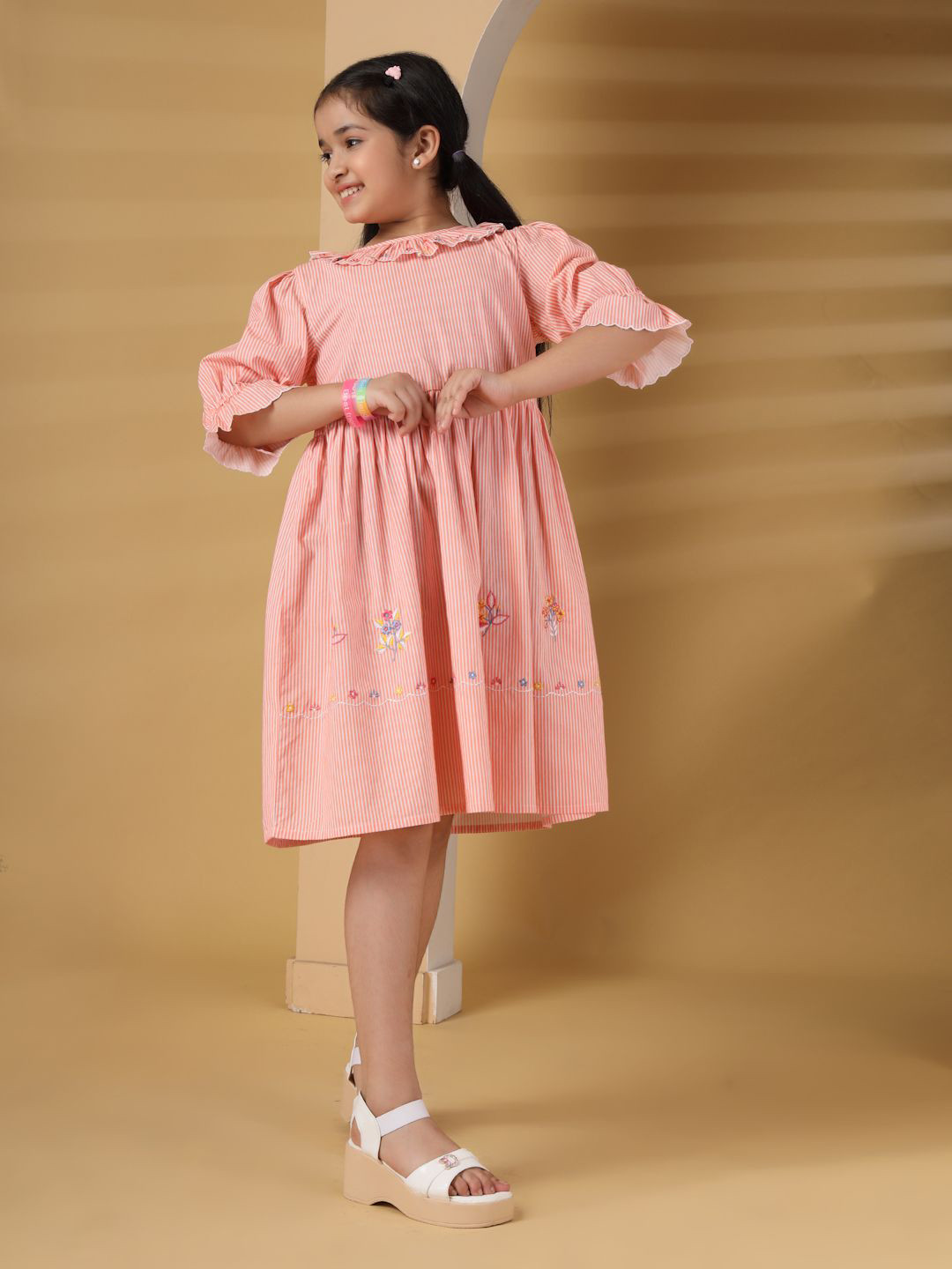 Sangria Girls Striped Embroidered Ruffles Details Round Neck A-Line Dress