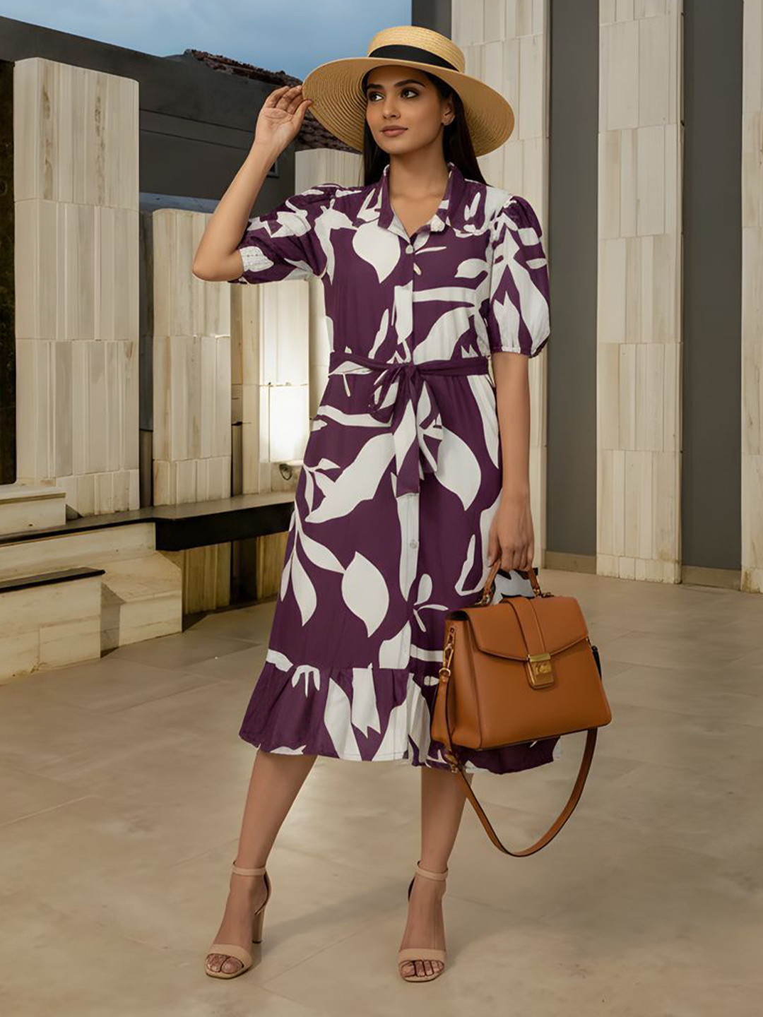 universe creation Print Puff Sleeve Fit & Flare Midi Dress