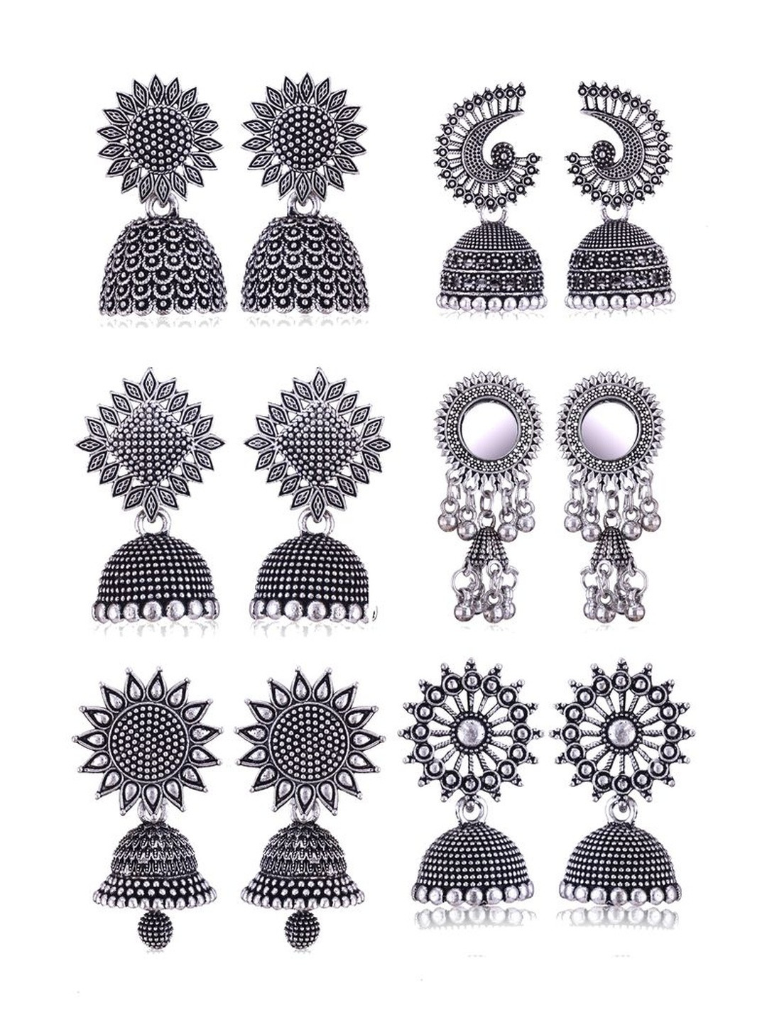 DIVASTRI Women Pack of 6 Geometric Oxidized Silver Jhumkas Earrings