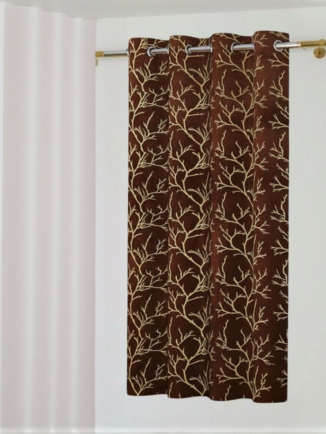 Aura Coffee Brown & Brown Floral Window Room Darkening Eyelet Curtain
