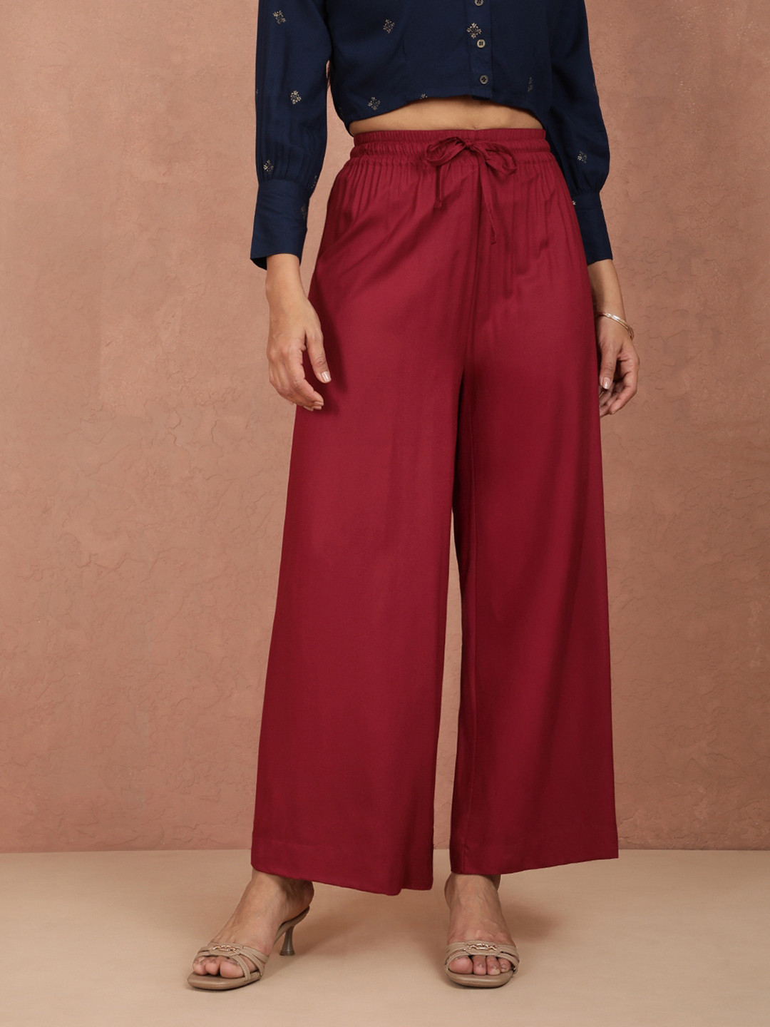 TWIN BIRDS Women Maroon Solid Wide Leg Palazzos