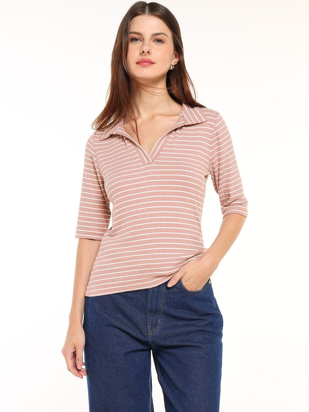 COVER STORY Women Striped Polo Collar Slim Fit T-shirt