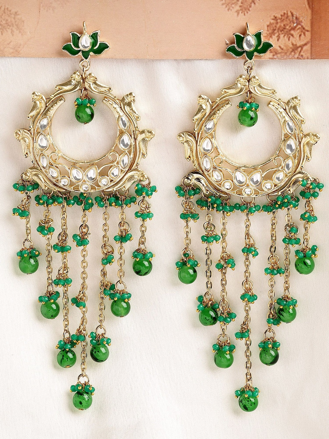 KARATCART Gold-Plated Beads And Crystal Kundan Tasselled Contemporary Chandbalis Earrings