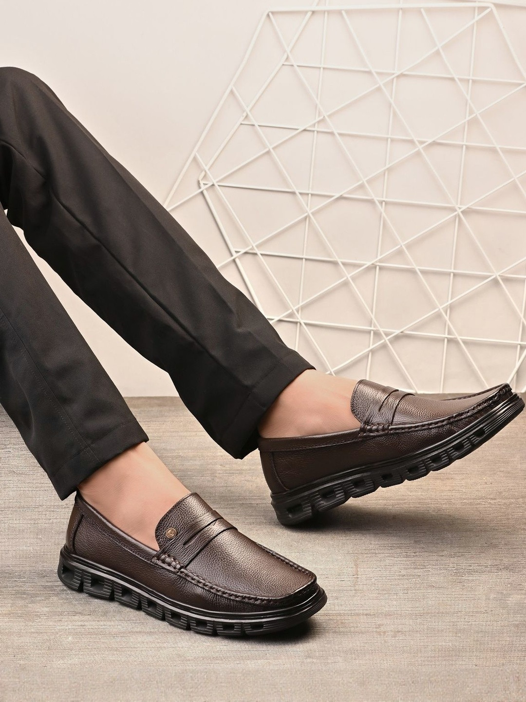 MONDAIN Men Textured Leather Square Toe Slip On Penny Loafers