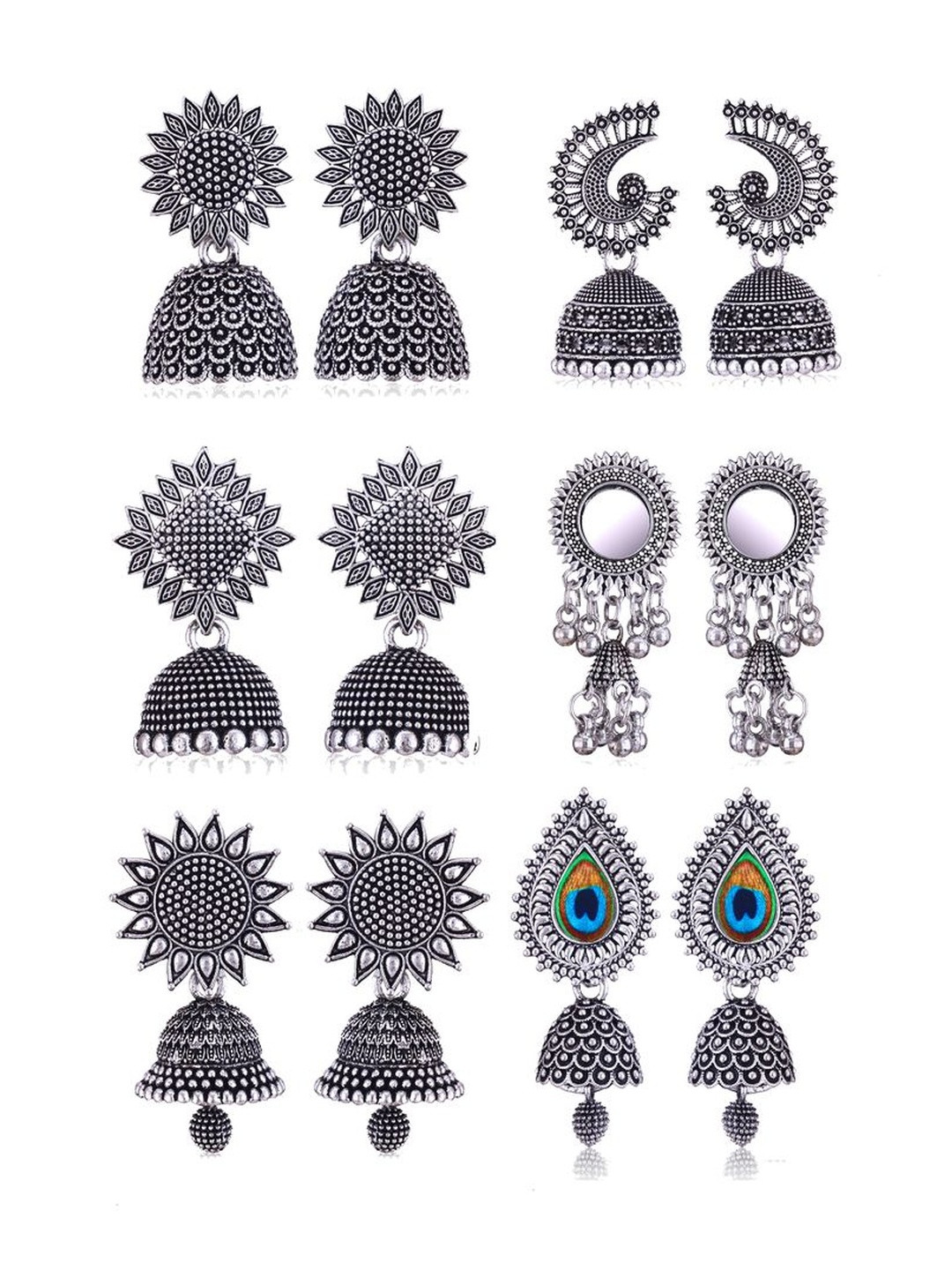 DIVASTRI Peacock Shaped 6 pair Oxidized Jhumka Earrings