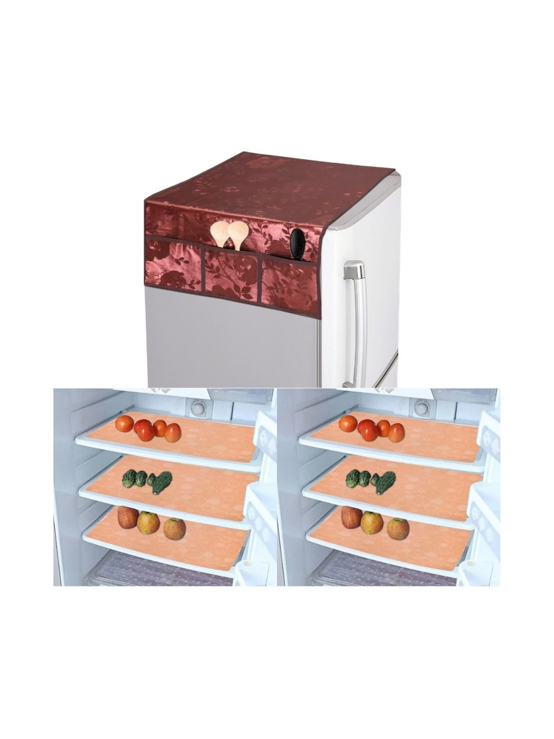 CROSMO Peach Set of 6 Printed Refrigerator Cover & Mats