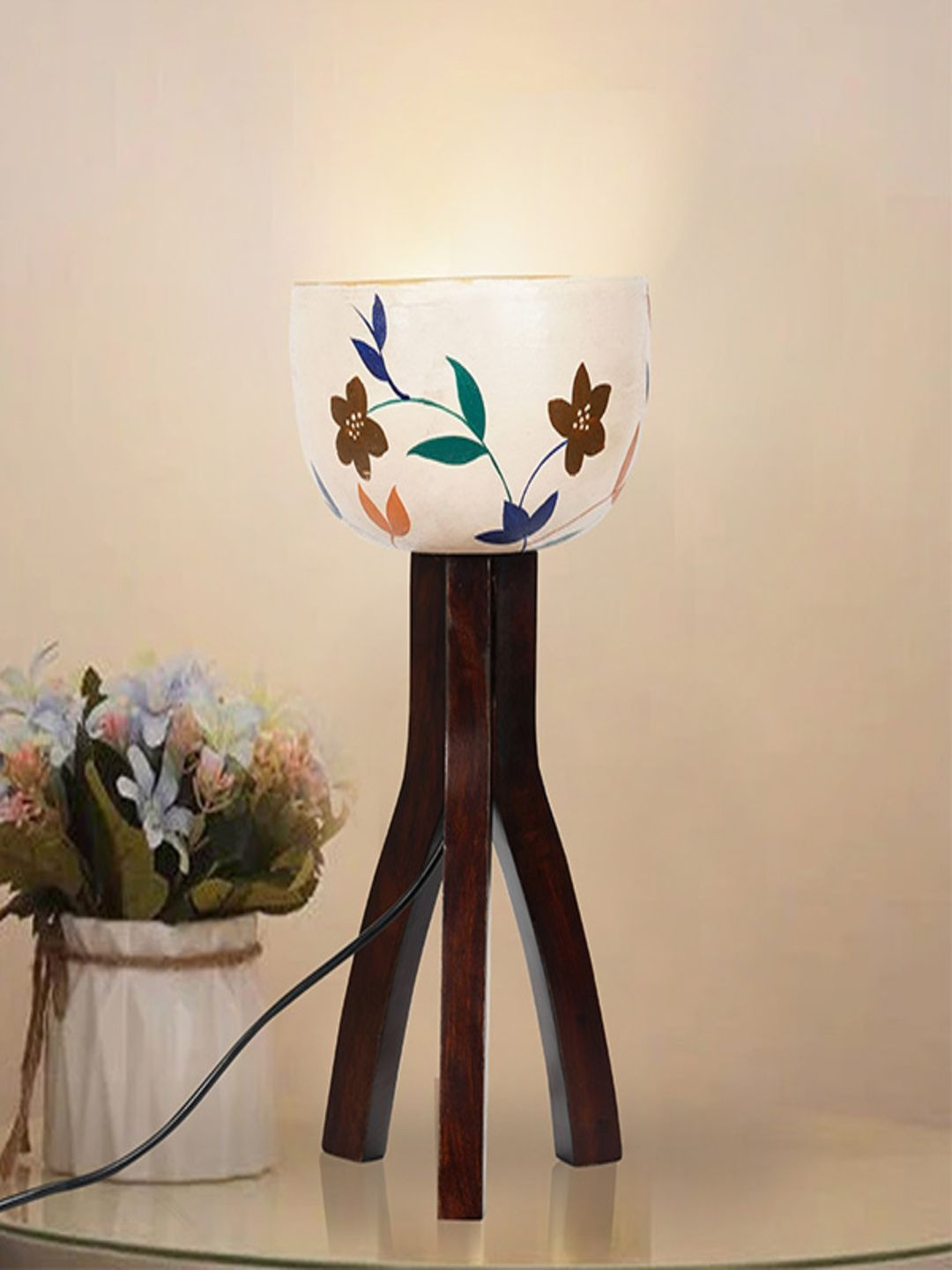 Flicker Shine White & Green Printed Terracotta Abstract Shaped Table Lamp with Bulb