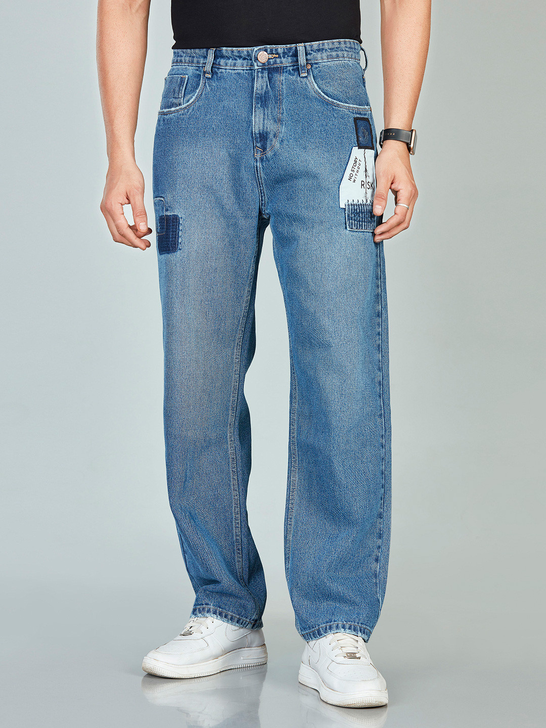 FLYING SHARK Men Relaxed Fit Mid-Rise Mildly Distressed Light Fade Stretchable Jeans