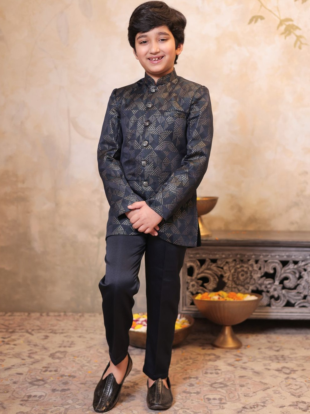 Aj DEZInES Boys Blue Jacquard Full Sleeves Embroidered Sherwani Set