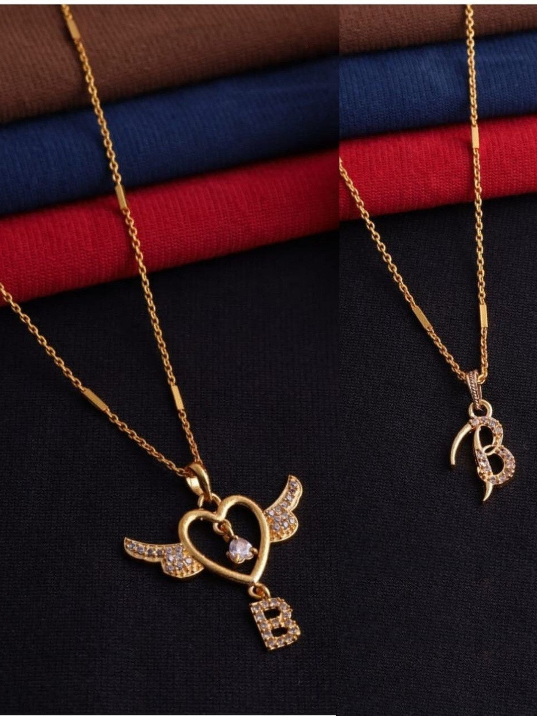 Laksh Enterprise Set Of 2 Artificial Stones Studded Alphabet B Shaped Pendants With Chains