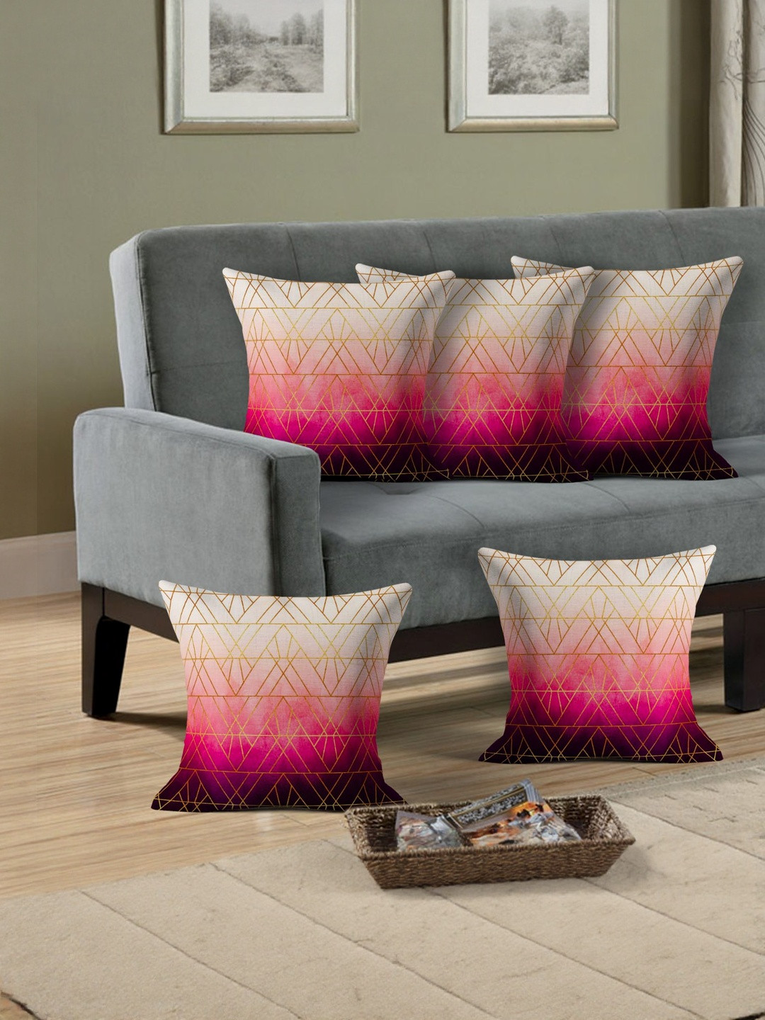 Cushion Villa Cream-Coloured & Pink 5 Pieces Geometric Satin Square Cushion Covers