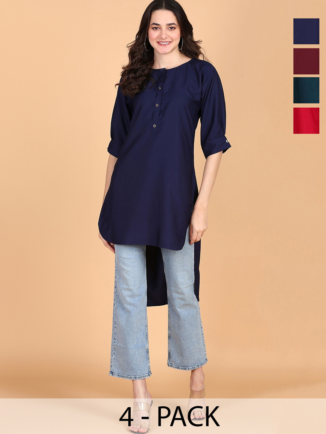 Aiza Collection Selection Of 4 Round Neck High-Low Cotton Straight Kurtas