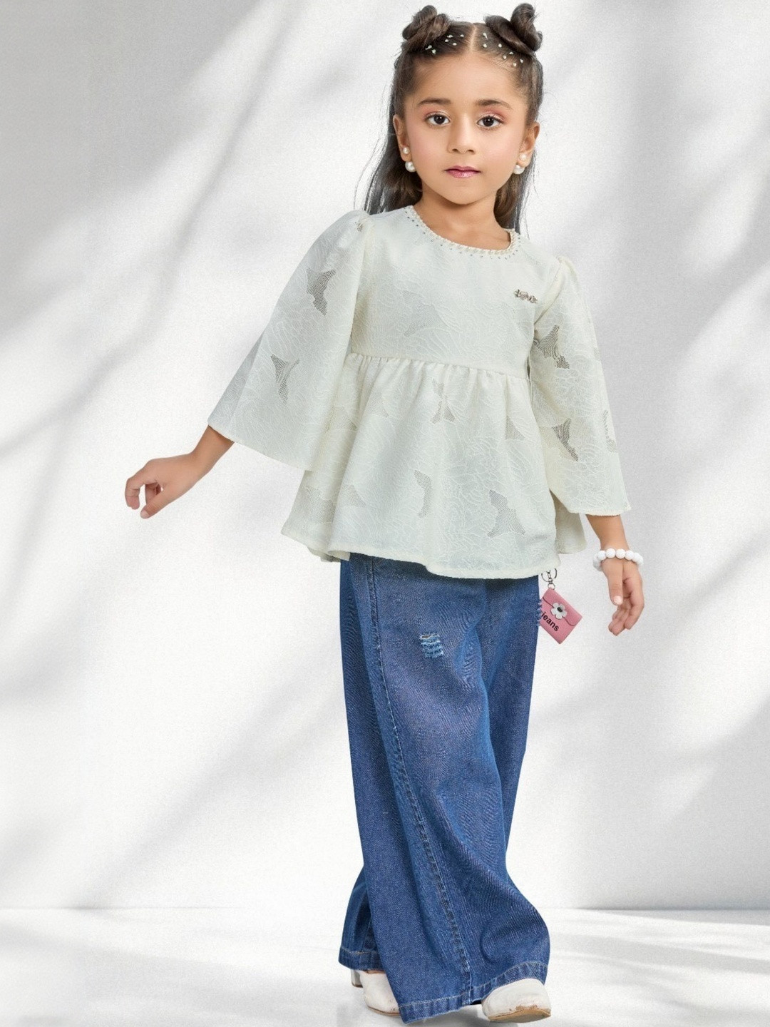 Lagorii Girls Bell Sleeves Peplum Top With Wide-Leg Jeans