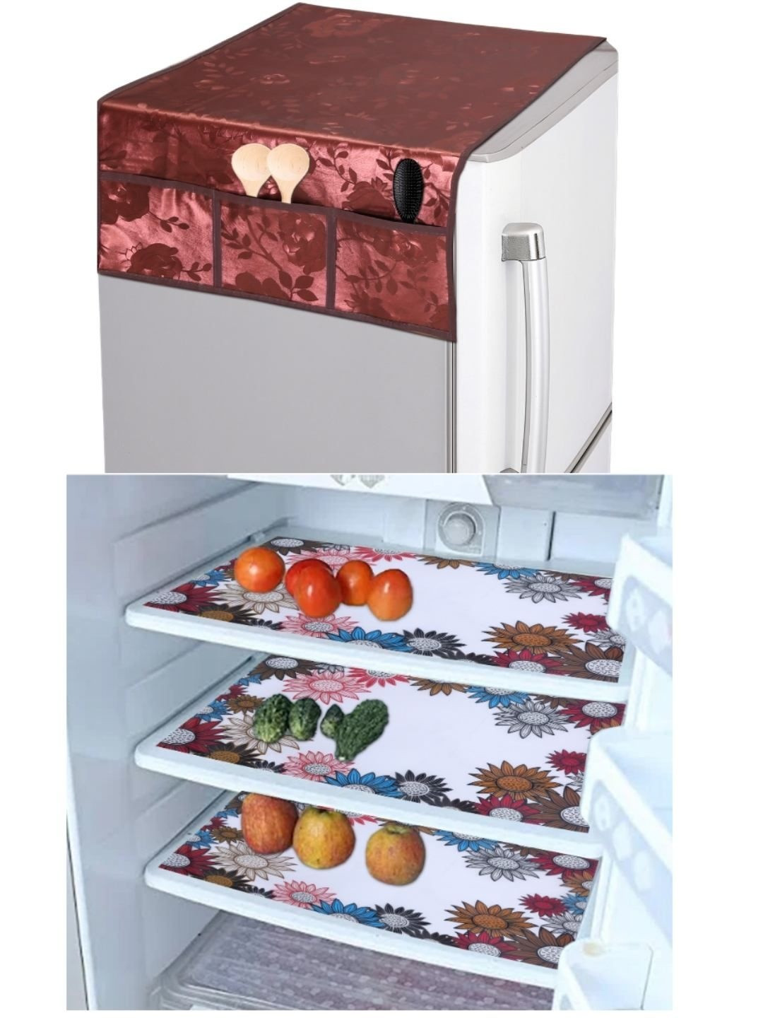 CROSMO Set Of 4 Brown & White Floral Printed Rexin  Fridge Cover And Mat