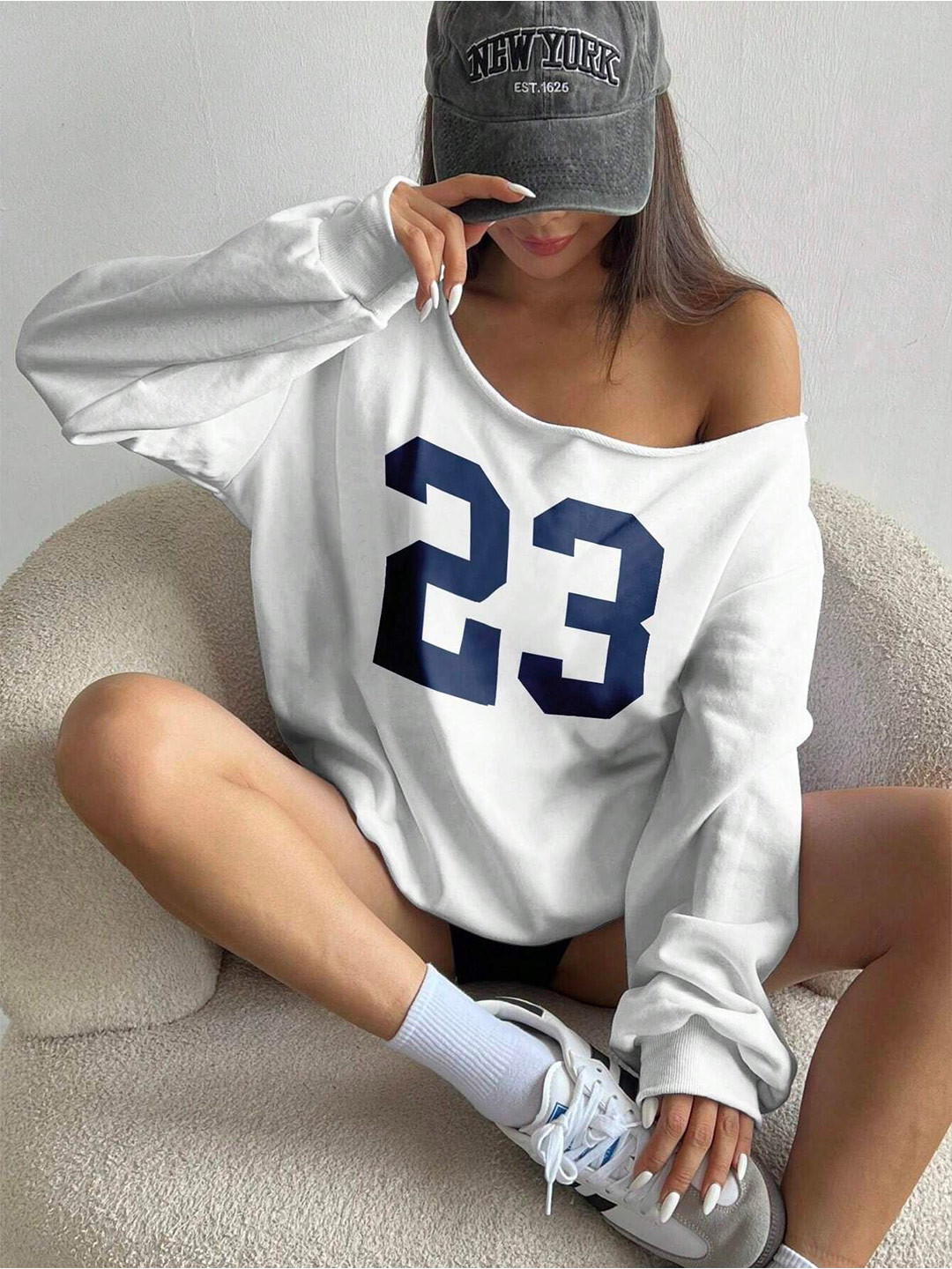 SXV STYLE Oversized Typography Printed Off -Shoulder Neck Pullover Sweatshirt