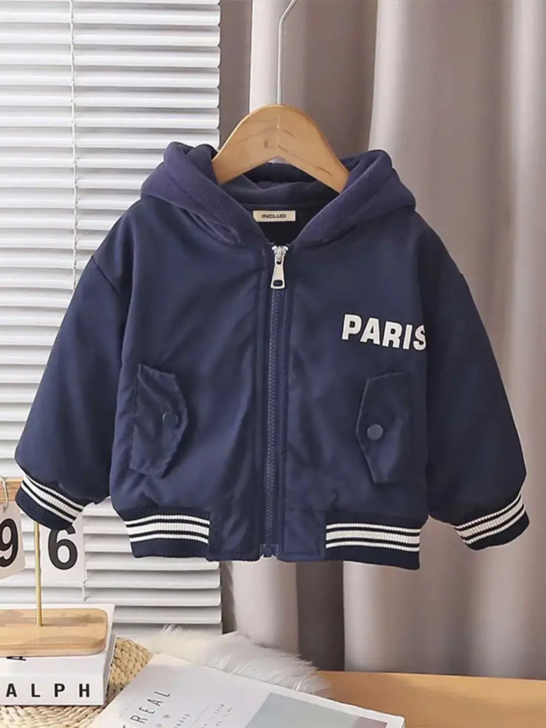 INCLUD Boys Navy Blue Typographic Printed Hooded Zipper Jacket
