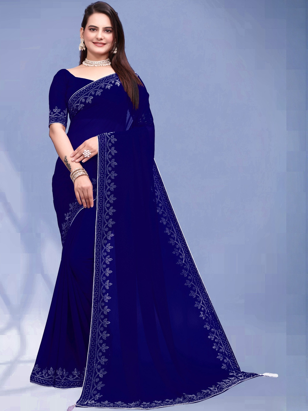 MEAVEN FEB Embellished Pure Georgette Exquisite Diamond Embellishment Heavy Work Saree