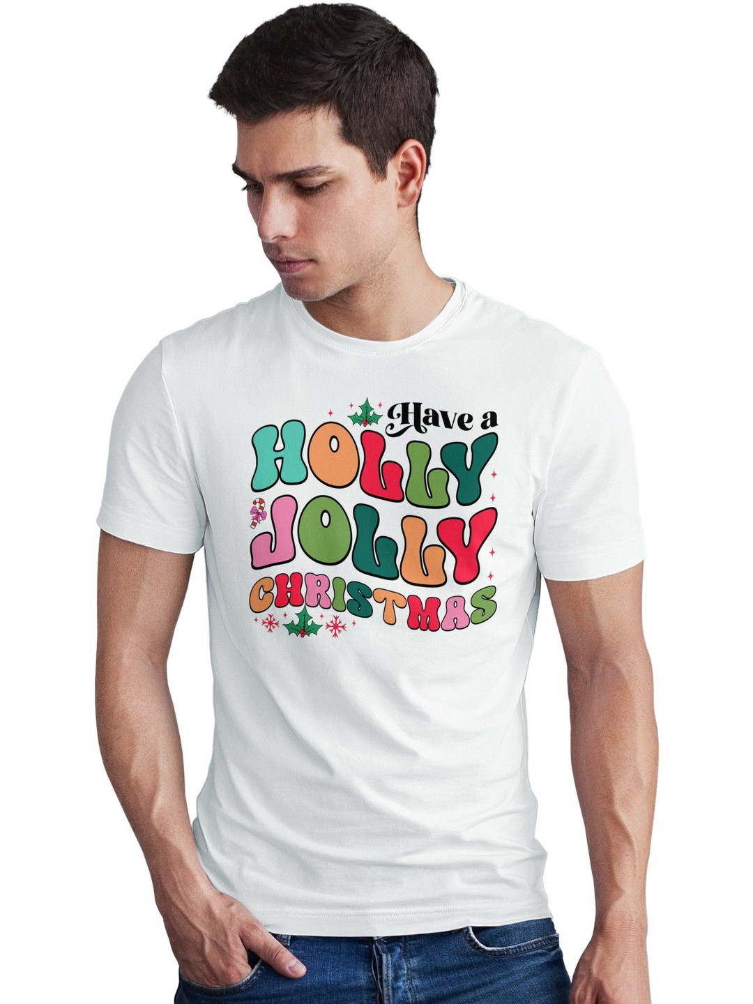 Seekbuylove Men Retro Christmas  Printed Round Neck Bio Finish Cotton T-shirt