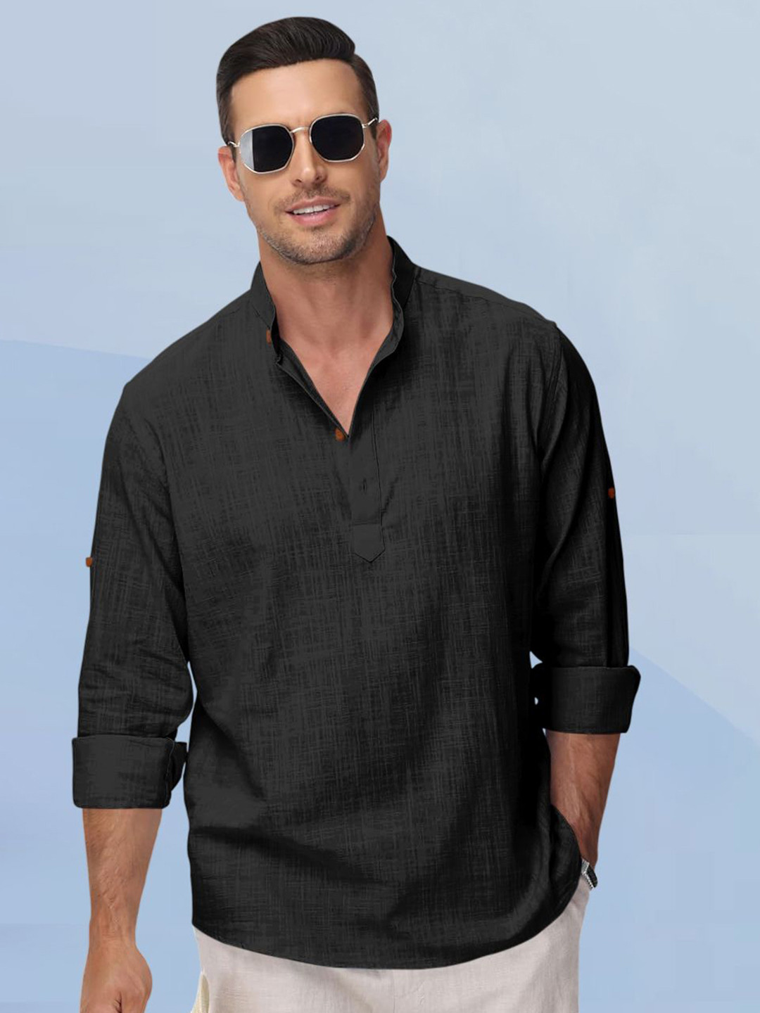 ZELINCO Band Collar Long Sleeves Straight Kurta