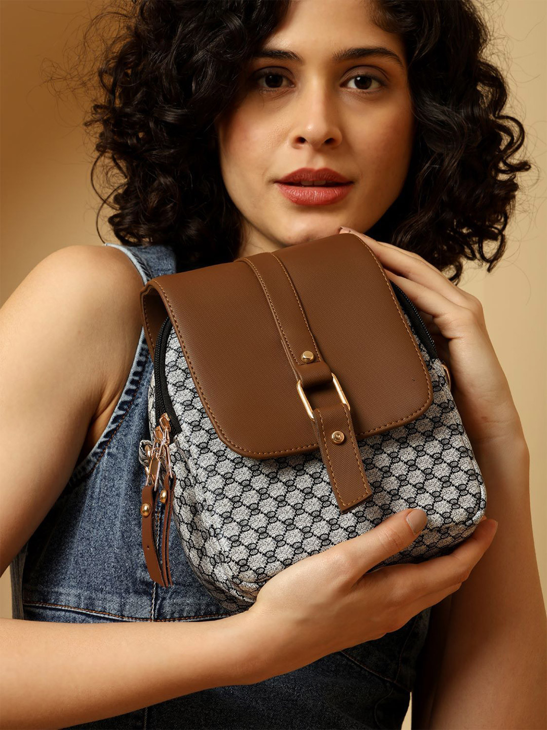 ENSAC Brown & Black Solid Checked Printed Detachable Sling Strap Quilted Tote Bag