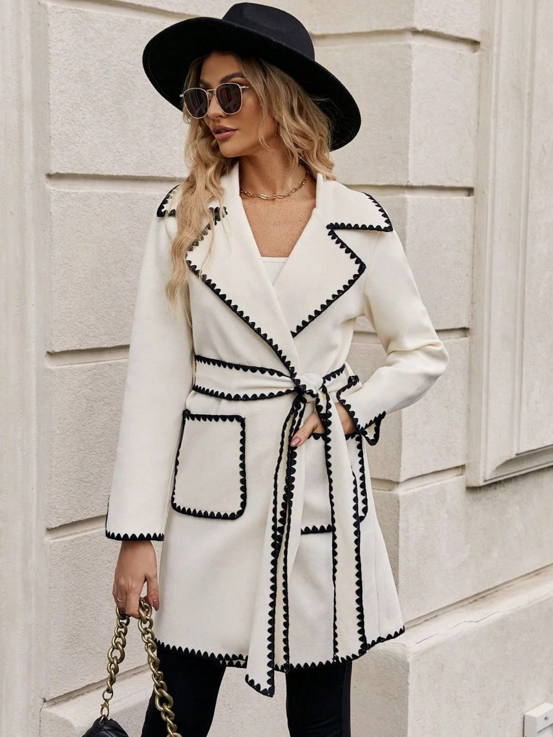 TRENBEE Women Self Design Regular Fit Kanye Trench Coats