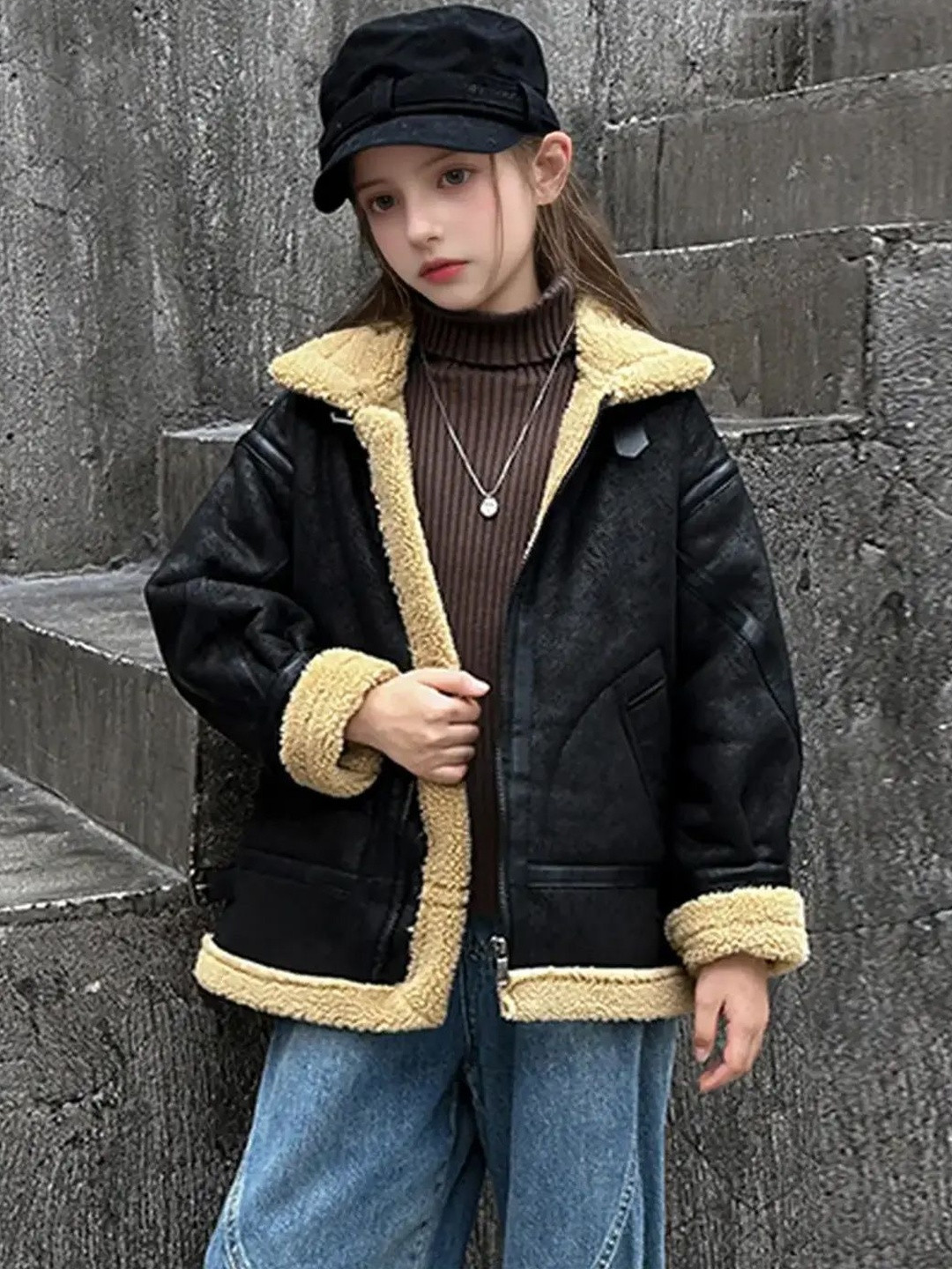 INCLUD Girls Black Faux Leather Heavy Jacket With Fleece Lining