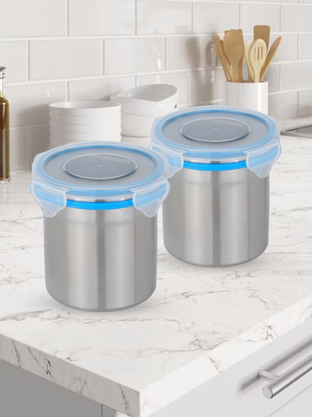 STEELLOCK Silver-Toned 2 Pieces Stainless Steel Air Tight Containers With Lid-500 ml Each