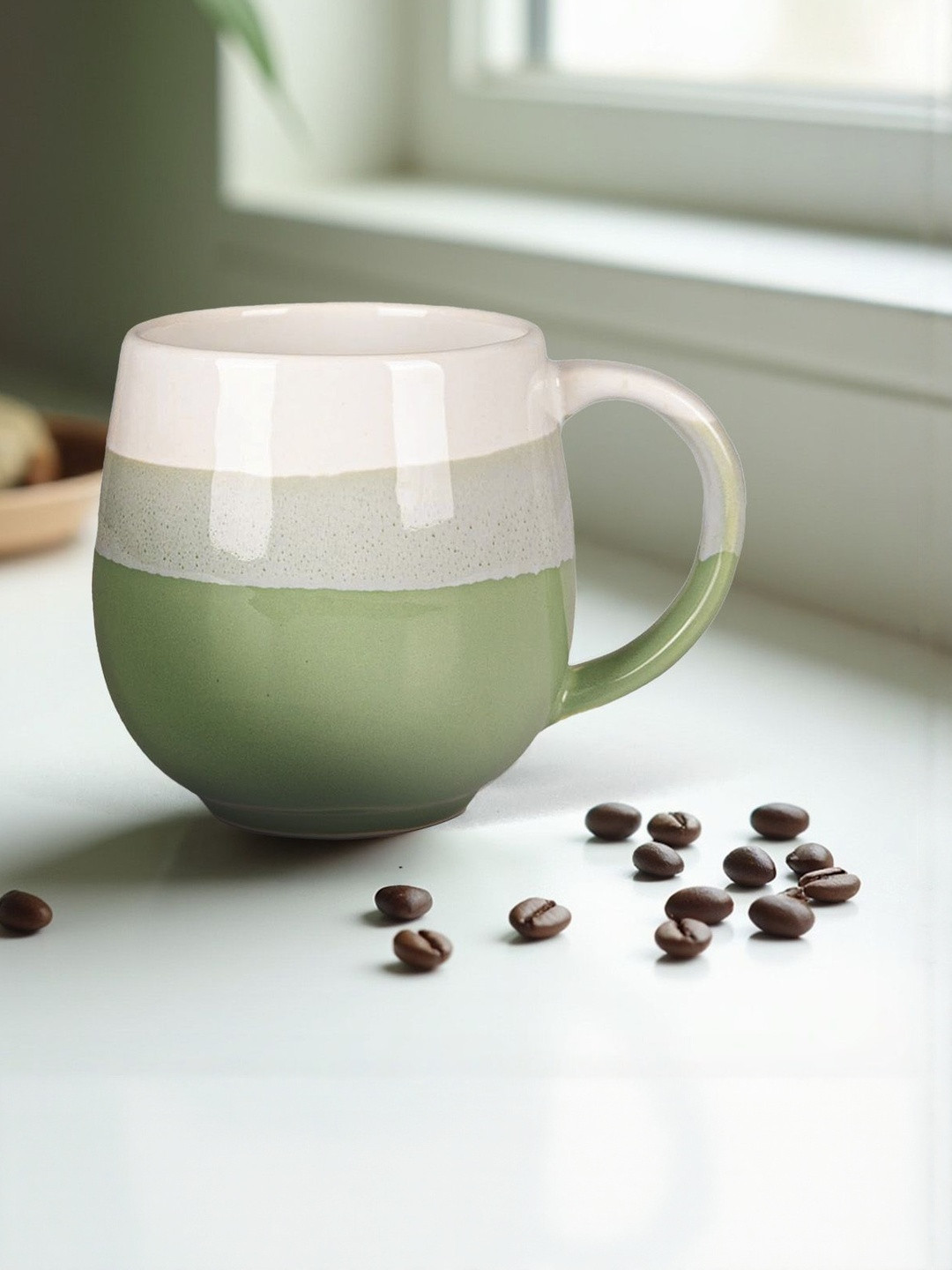 U & U Unique Utilities Olive Green & White Large Ceramic Glossy Coffee Mugs - 450 ml