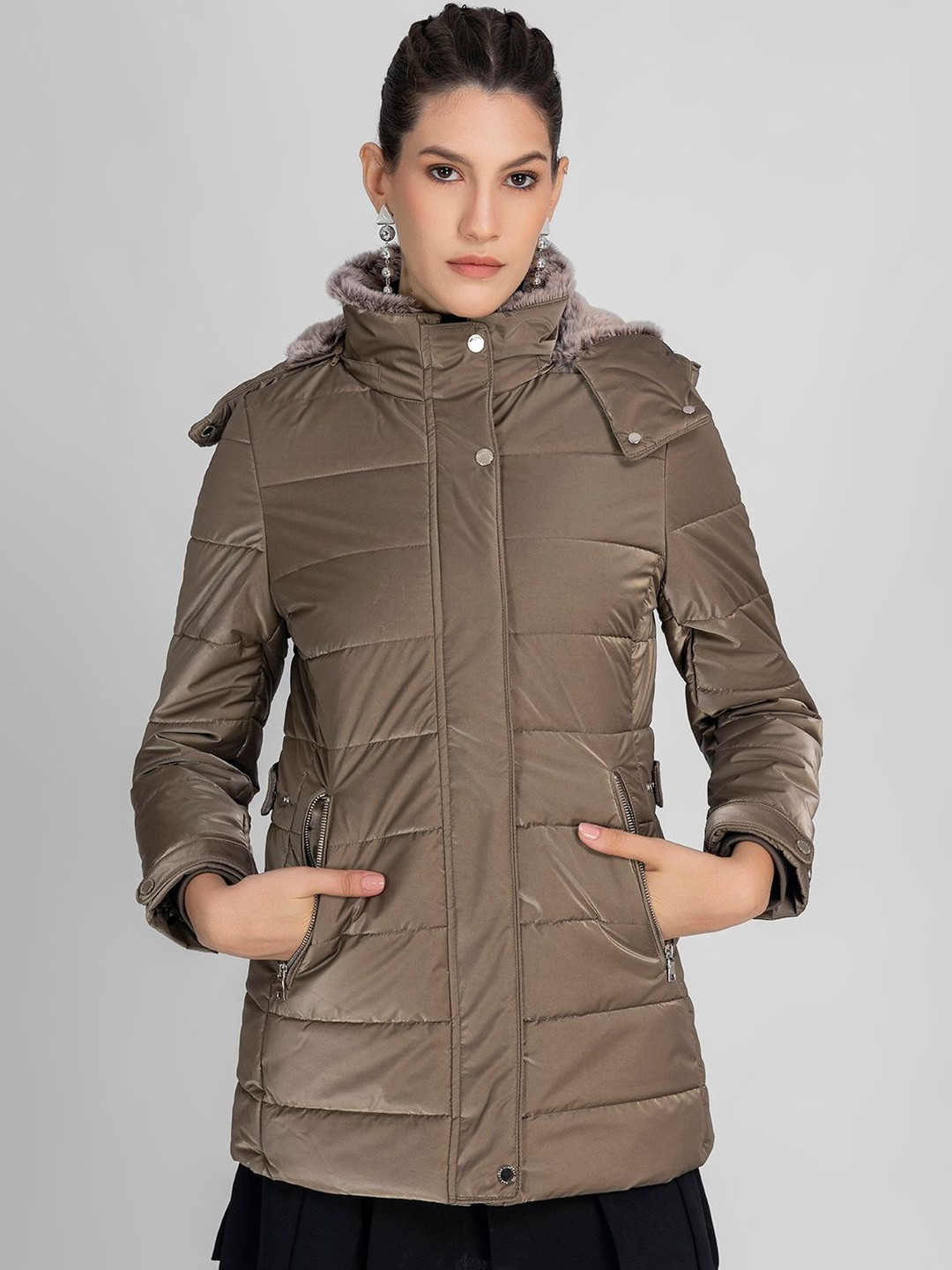 LURE URBAN HoodedLong Sleeves Faux Fur Trim Padded Jacket