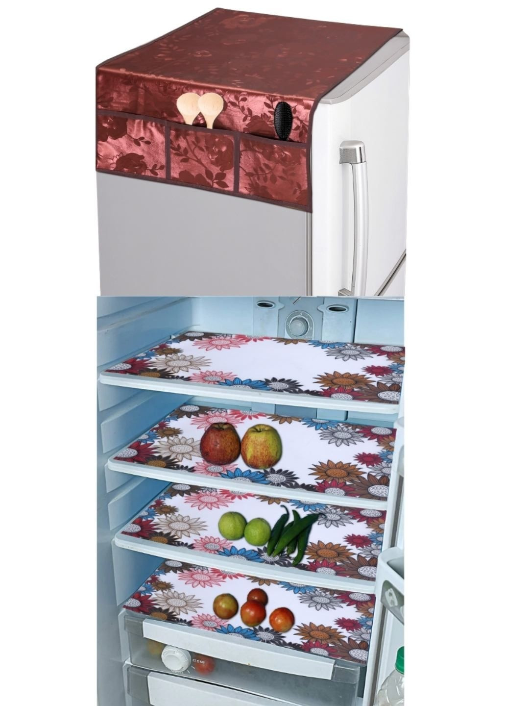 CROSMO Gold & White Set Of 5 Floral Printed Fridge Appliance Covers & Mats