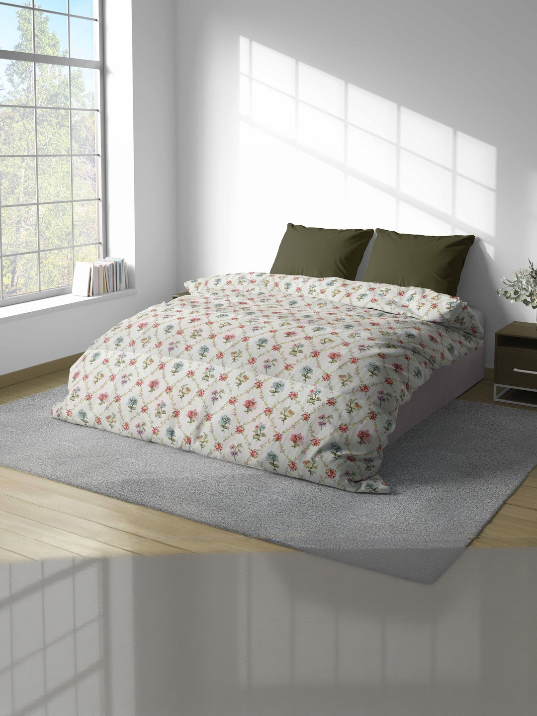 Ackross Cream-Coloured & Pink Printed Microfiber 90 GSM Mild Winter Reversible Dohar