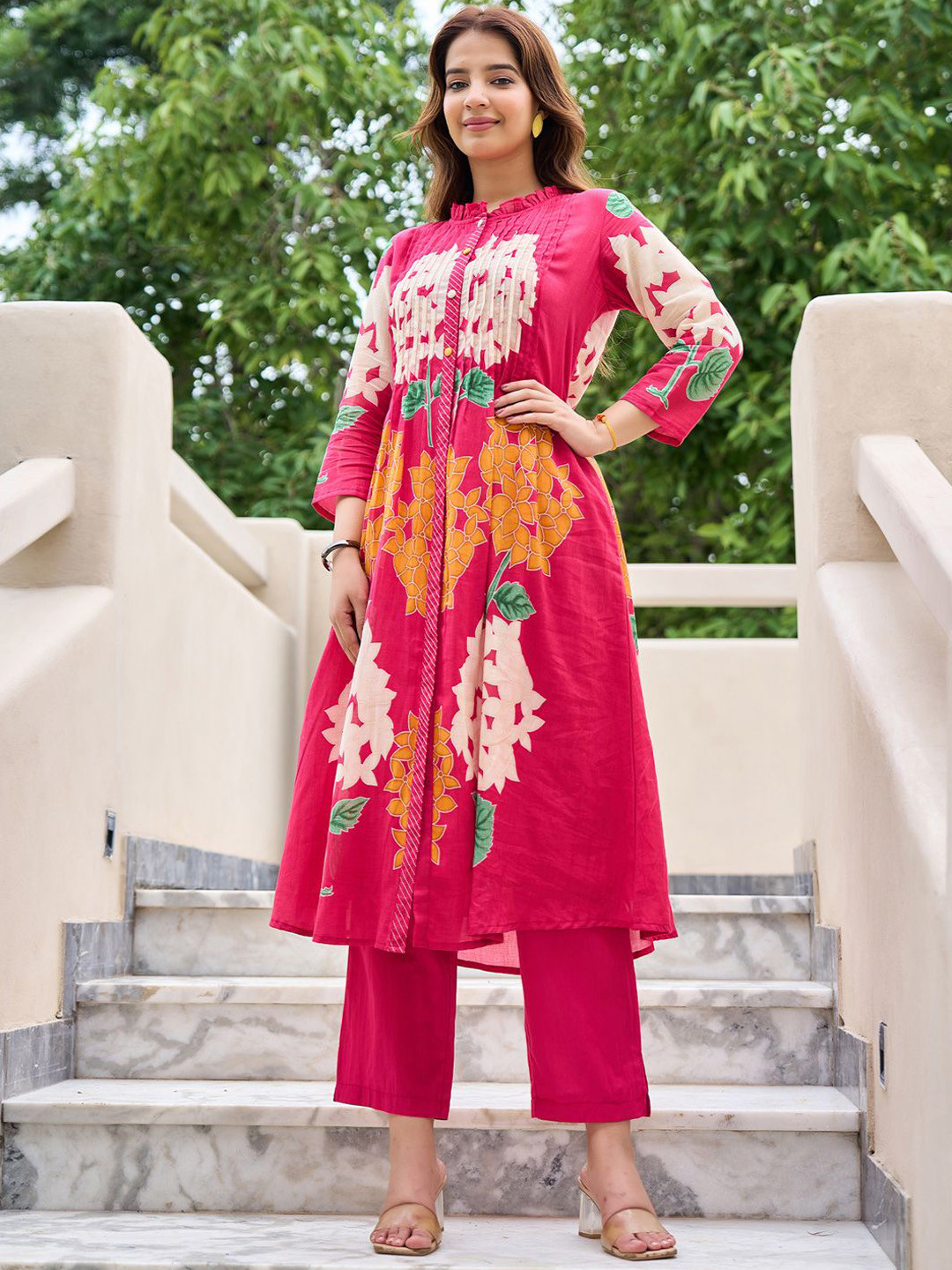 Indo Era Floral Printed Pure Cotton Mandarin Collared Tunic With Trousers