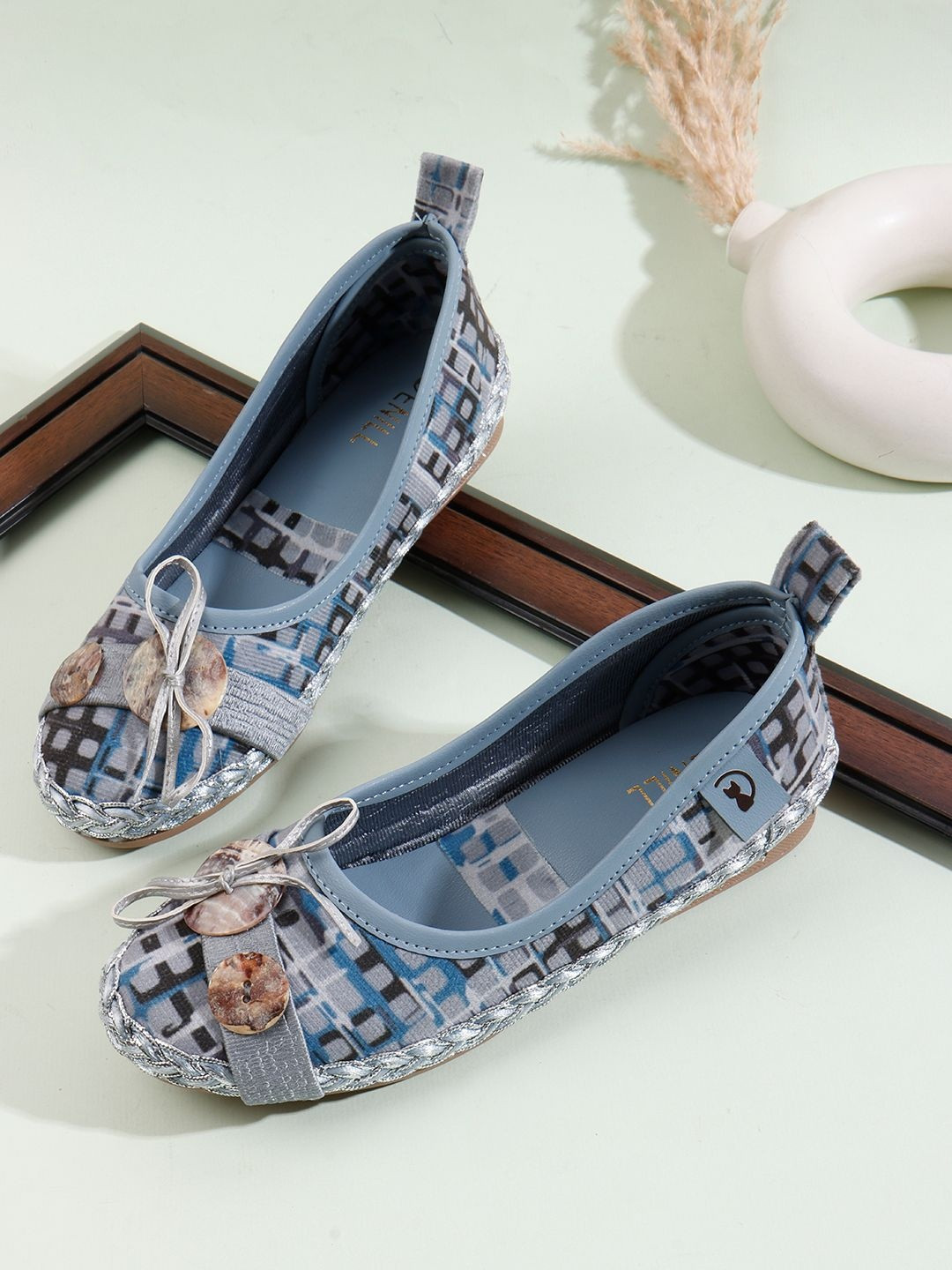 Denill Geometric Printed Beaded Velvet Bow Slip On Ballerinas