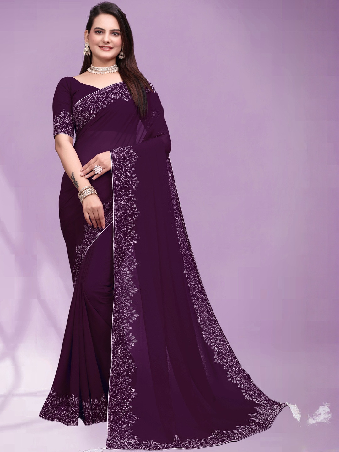 Women Pure Georgette Graceful Saree with Exquisite Diamond Embellishment Heavy Work Saree