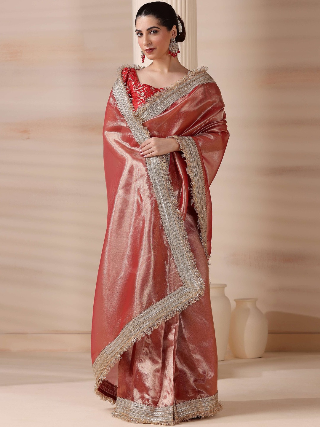 HANDME Tissue Embellished Border Saree With Blouse Piece