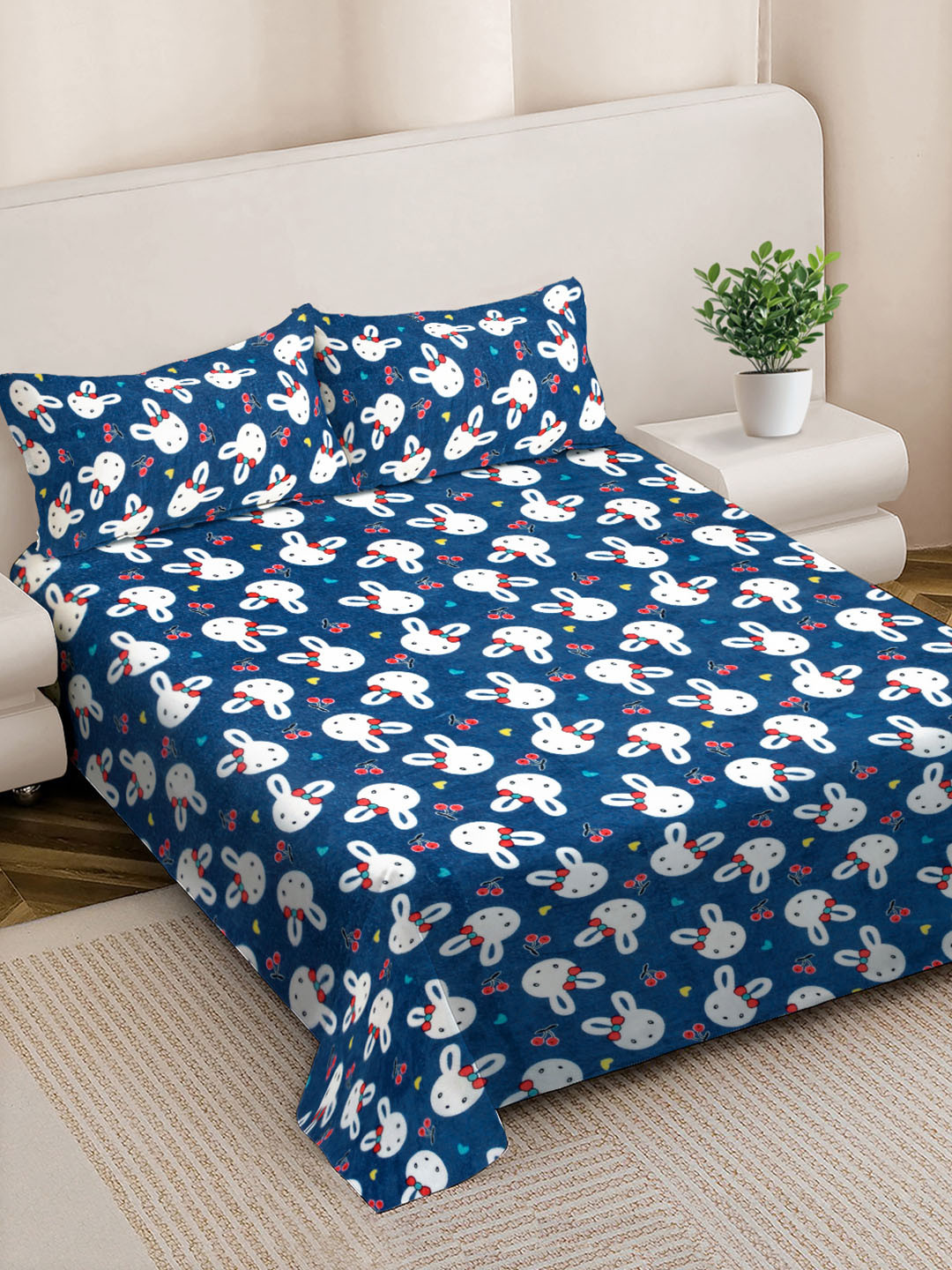 FABINALIV Blue Cartoon Characters 300 TC Woolen King Bedsheet & 2 Pillow Covers 2.50x2.25m