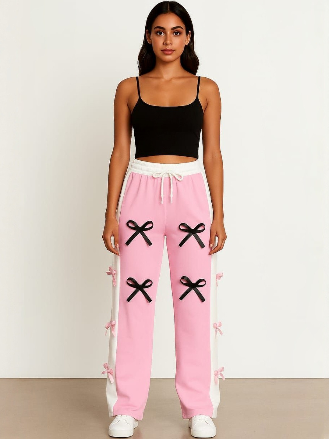 waybik Women Colourblocked Mid-Rise Track Pants with Bow and Side-Stripe Details