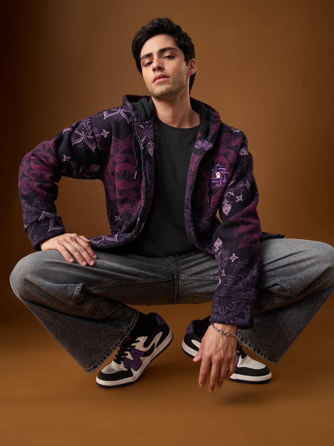 The Souled Store Oversized Hooded Floral Fleece Jacket