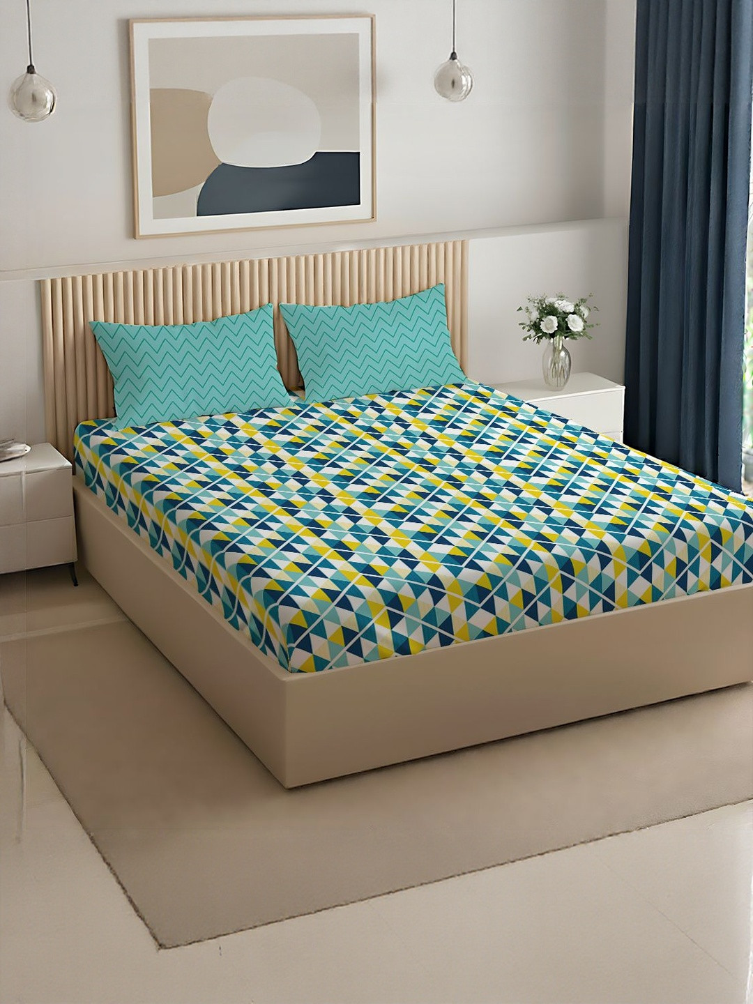 LIVSPACE Bello By Teal Geometric Printed Super King Bedsheet Pillow Covers 108in x 108in