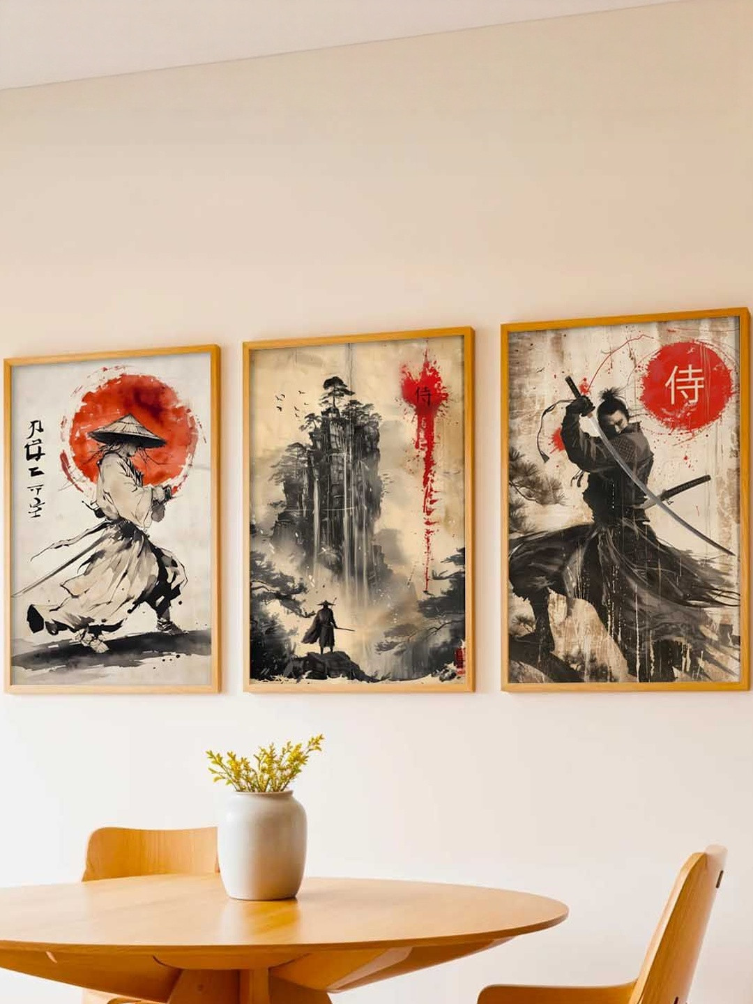 Kotart Brown & Grey 3 Pieces Samurai Printed Wooden Wall Arts