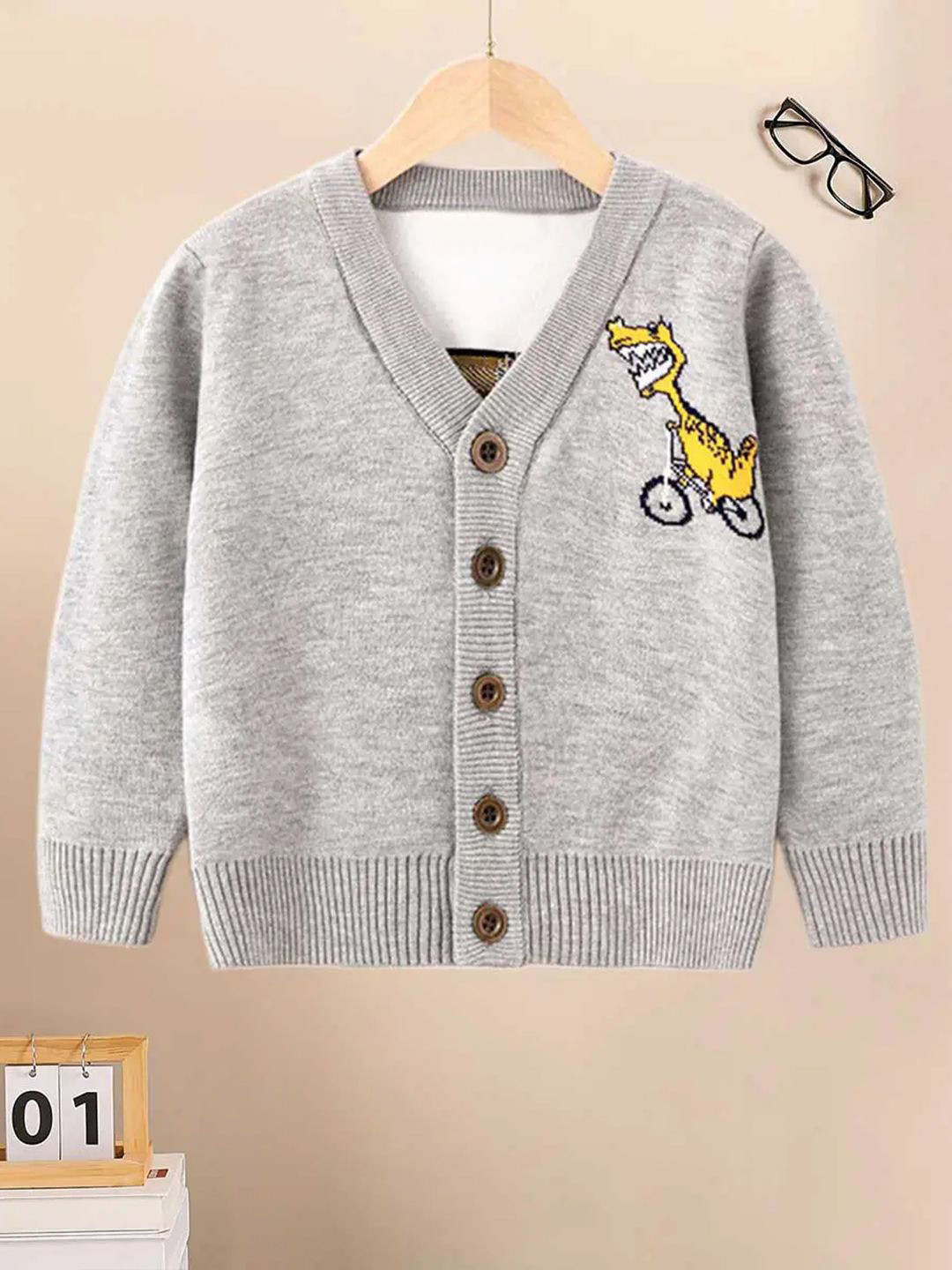 YK Girls Self-Design Dinosaur V-Neck Long Sleeves Cardigan