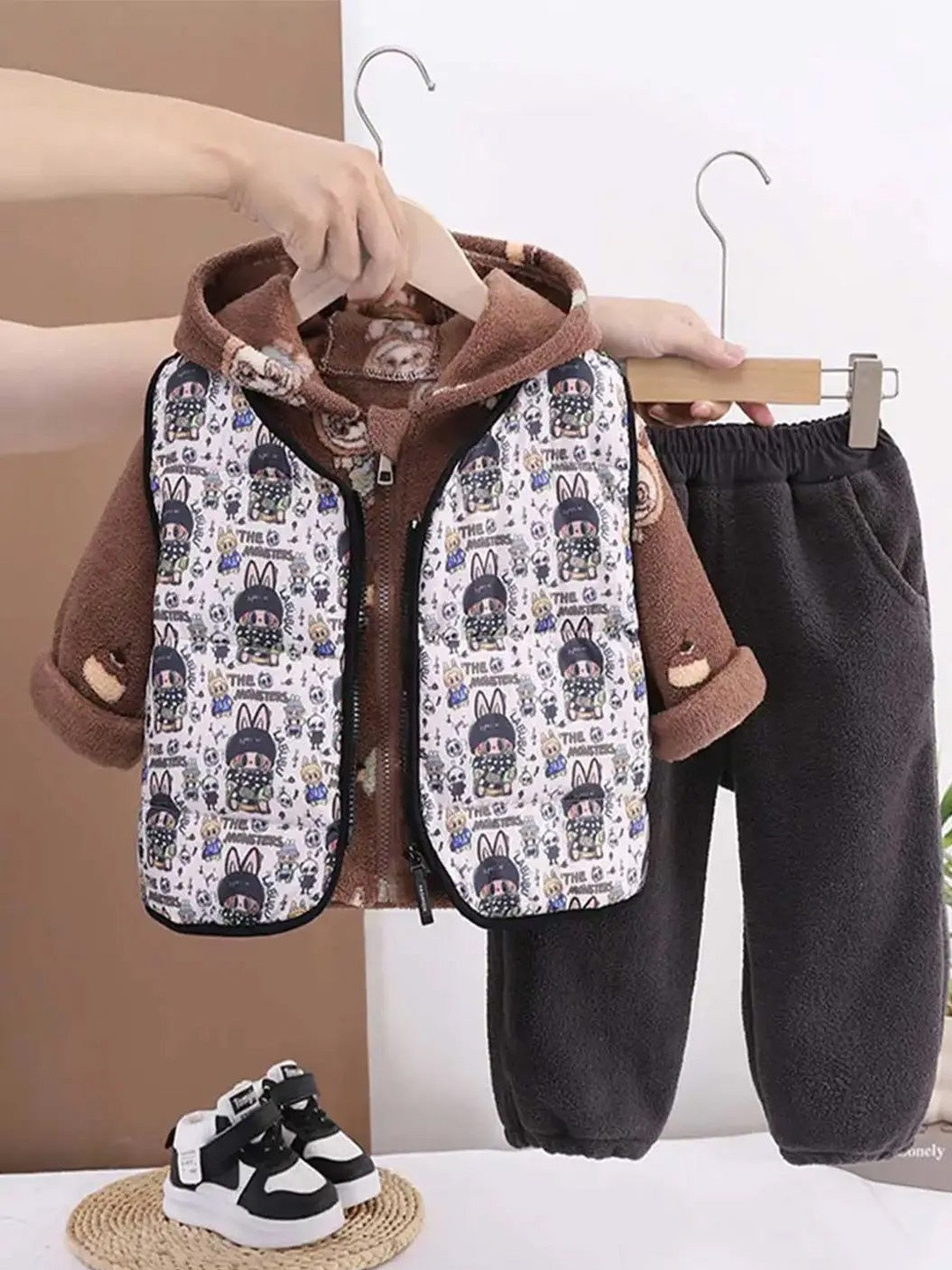 INCLUD Boys Printed Fleece Hooded Zipper Jacket With Vest & Joggers