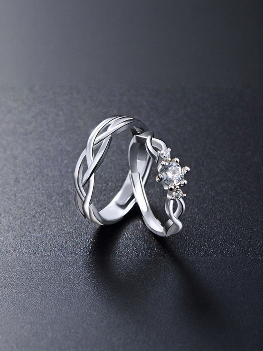 J.S ENTERPRISES Unisex Pair of Silver-Toned Stainless Steel Couple Finger Rings