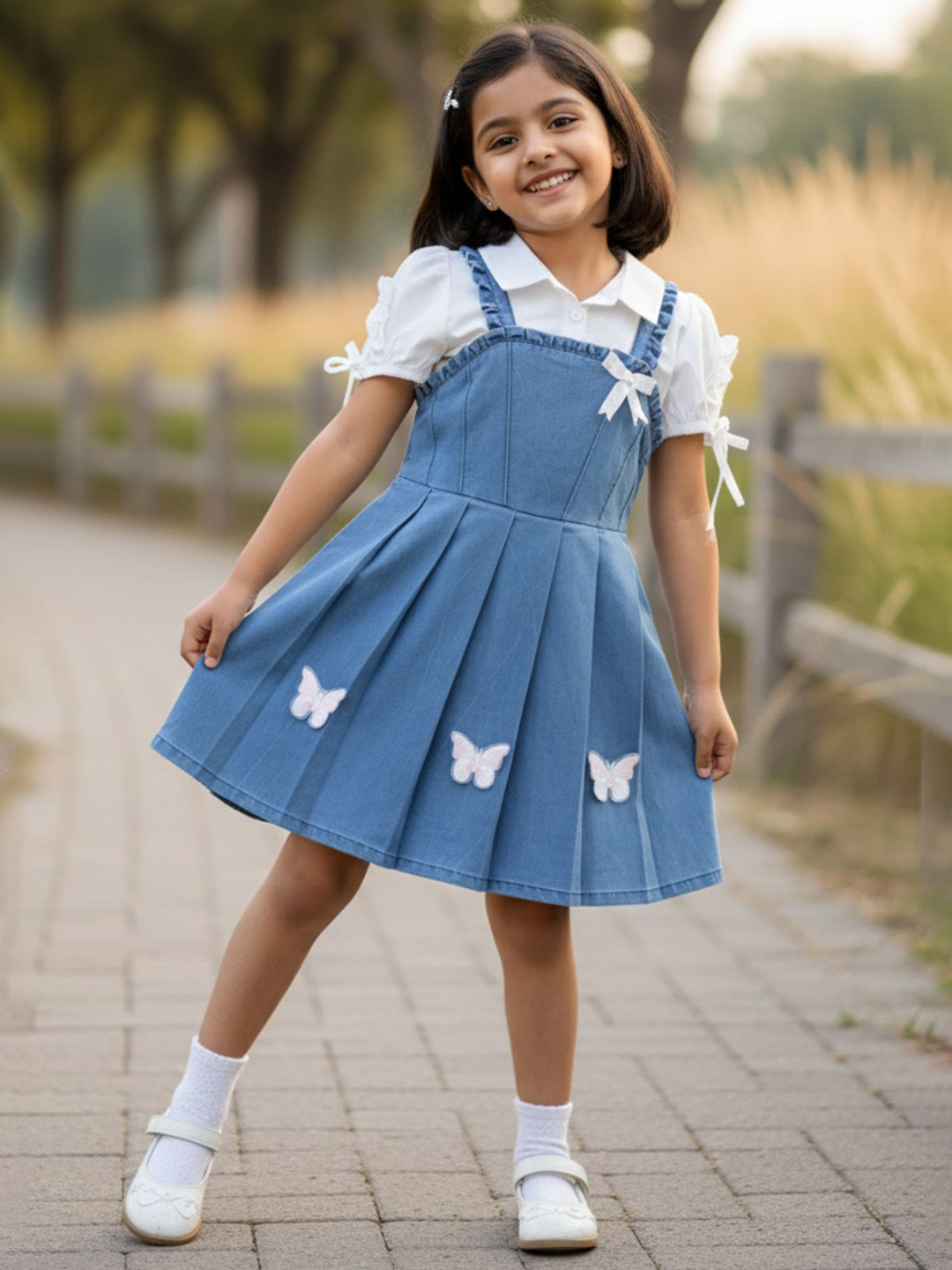 Lagorii Peter Pan Collar Puff Sleeve Denim Fit & Flare Dress