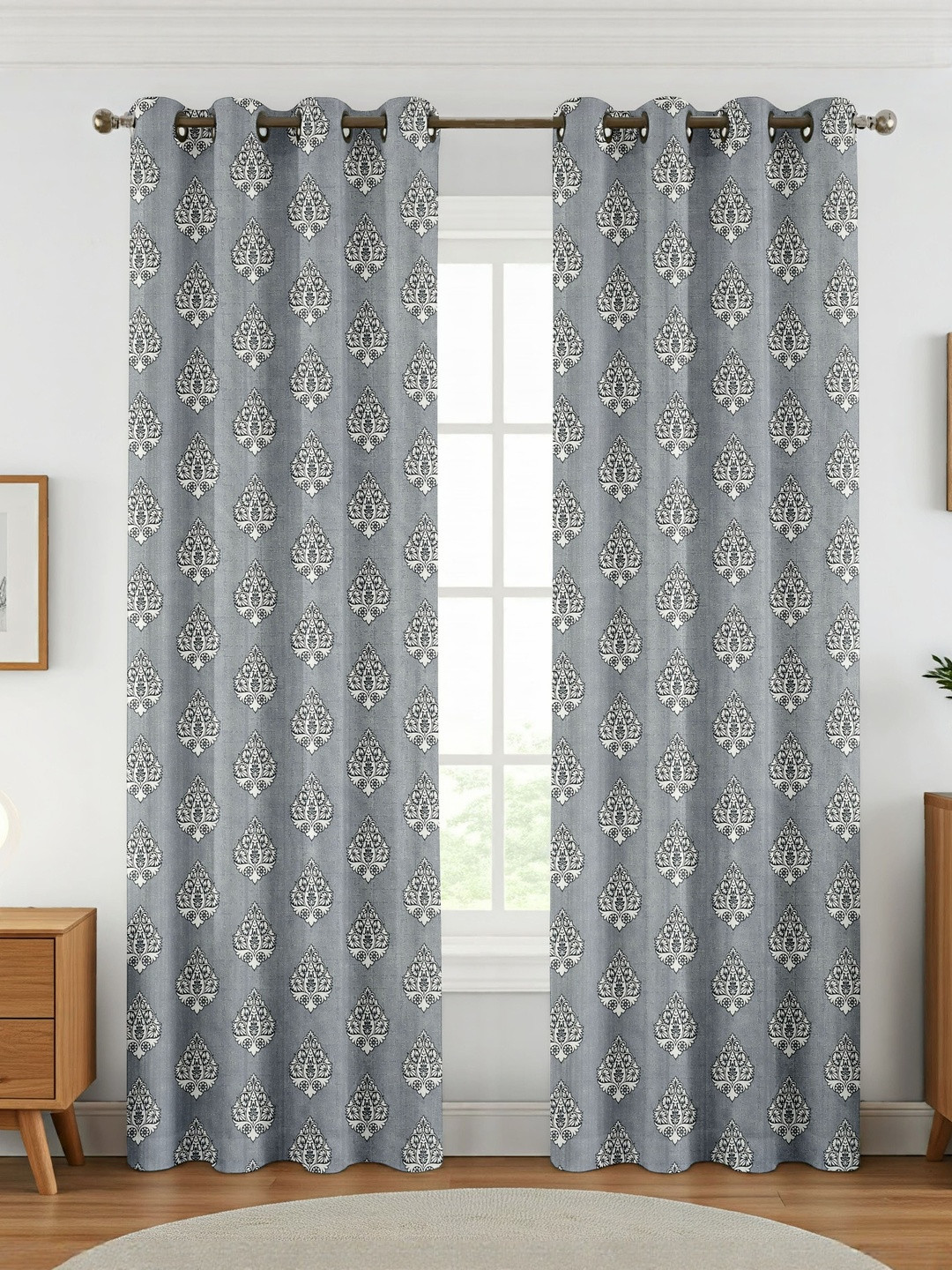 GEET CREATIONS Grey Printed Fade Resistant 2 Pcs Long Door Room Darkening Eyelet Curtains
