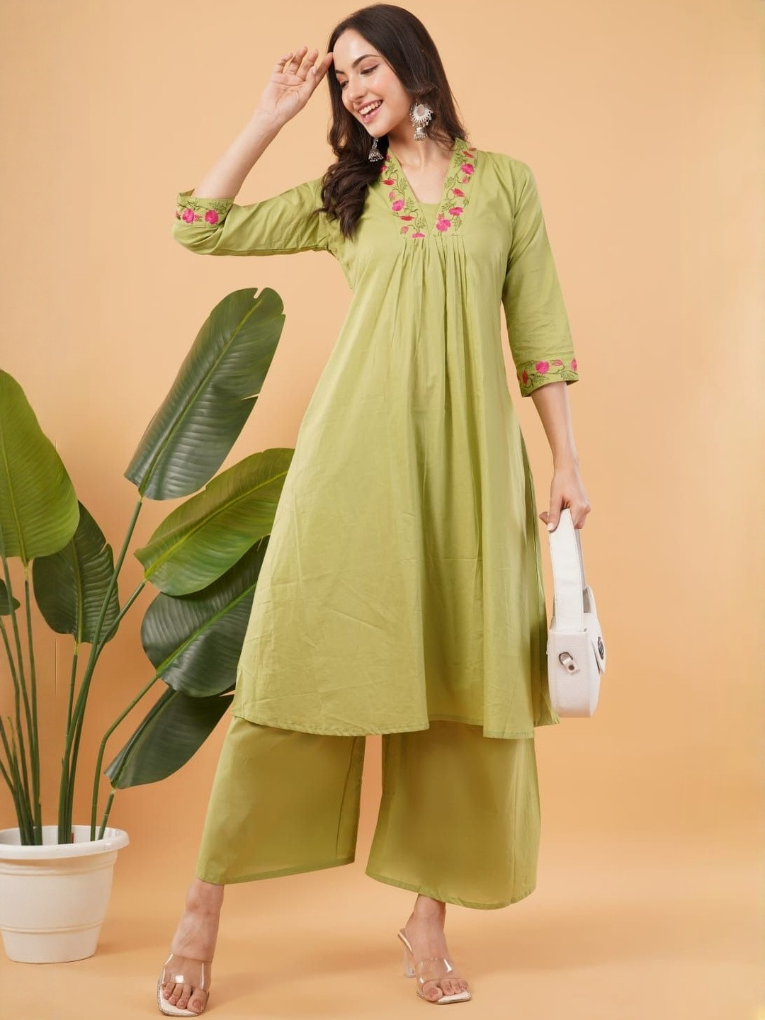 Purpple Infinity Women Green Embroidered 3/4 Sleeve A-Line Kurta with Palazzo